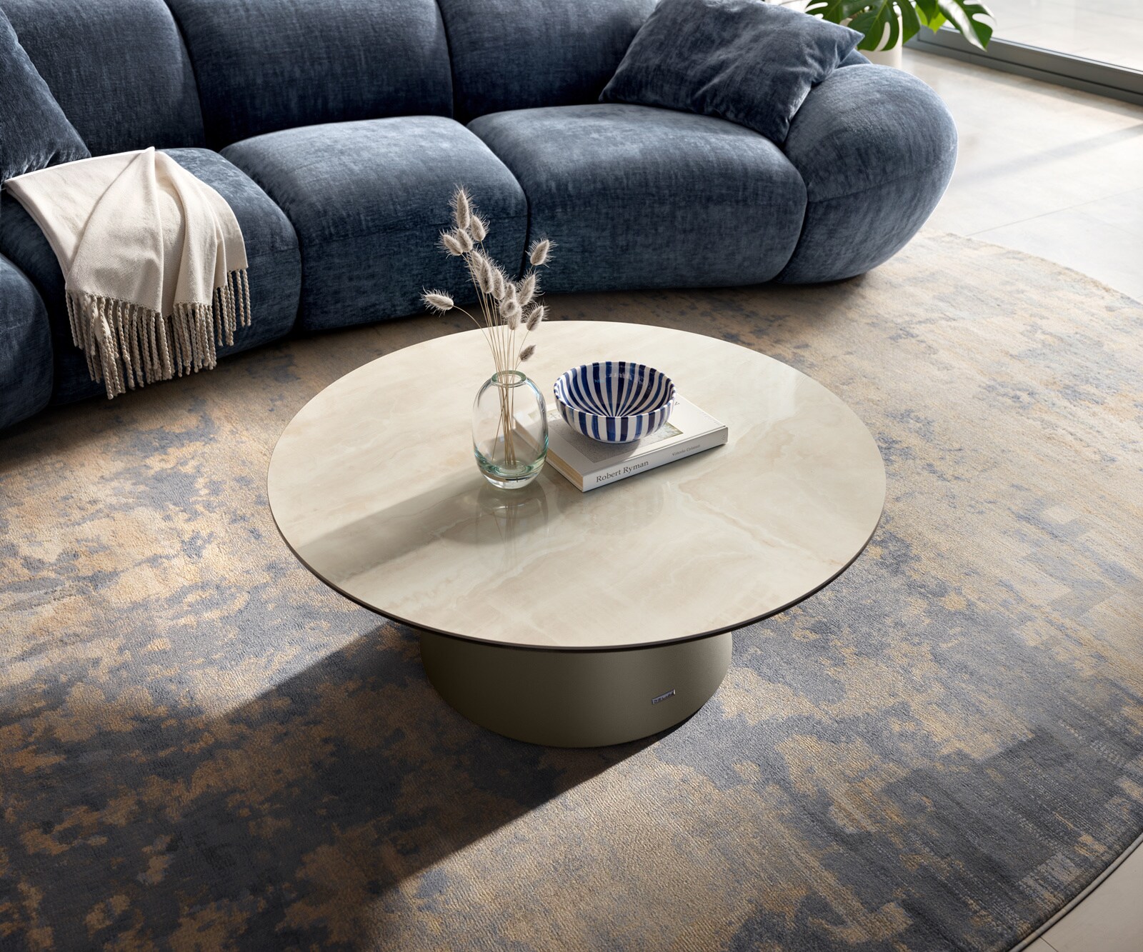 Table basse Edge ronde 90x90 cm céramique Onyx Champagne Borna finition effet titane 2