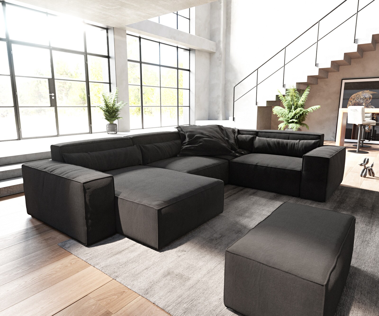 Wohnlandschaft Sirpio 300x200 cm Mikrofaser Schwarz Recamiere variabel mit Hocker