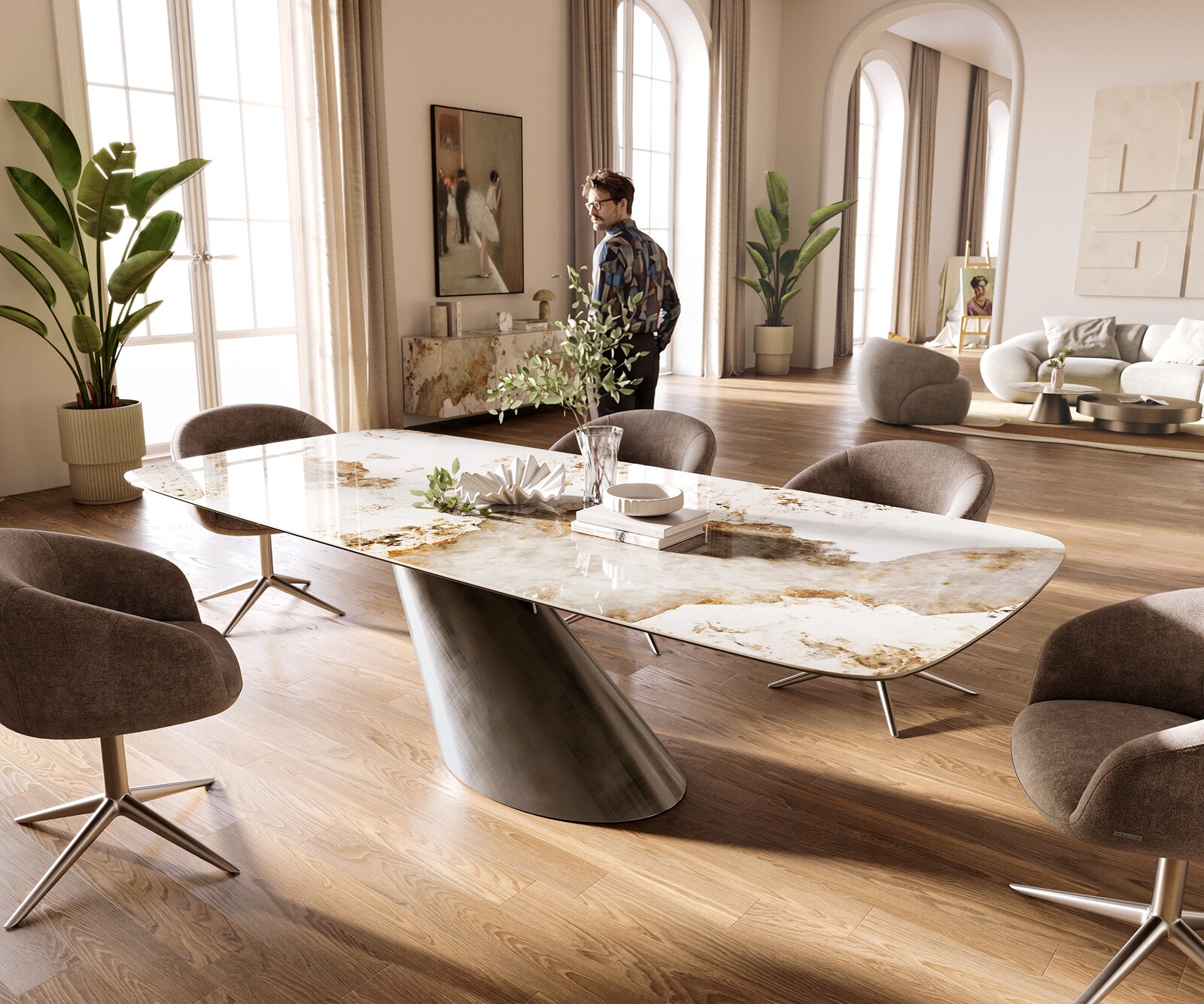 Table à manger Edge Boot 260x120 cm Céramique Minas Melange Blanc-Beige Cono Métalic Argent