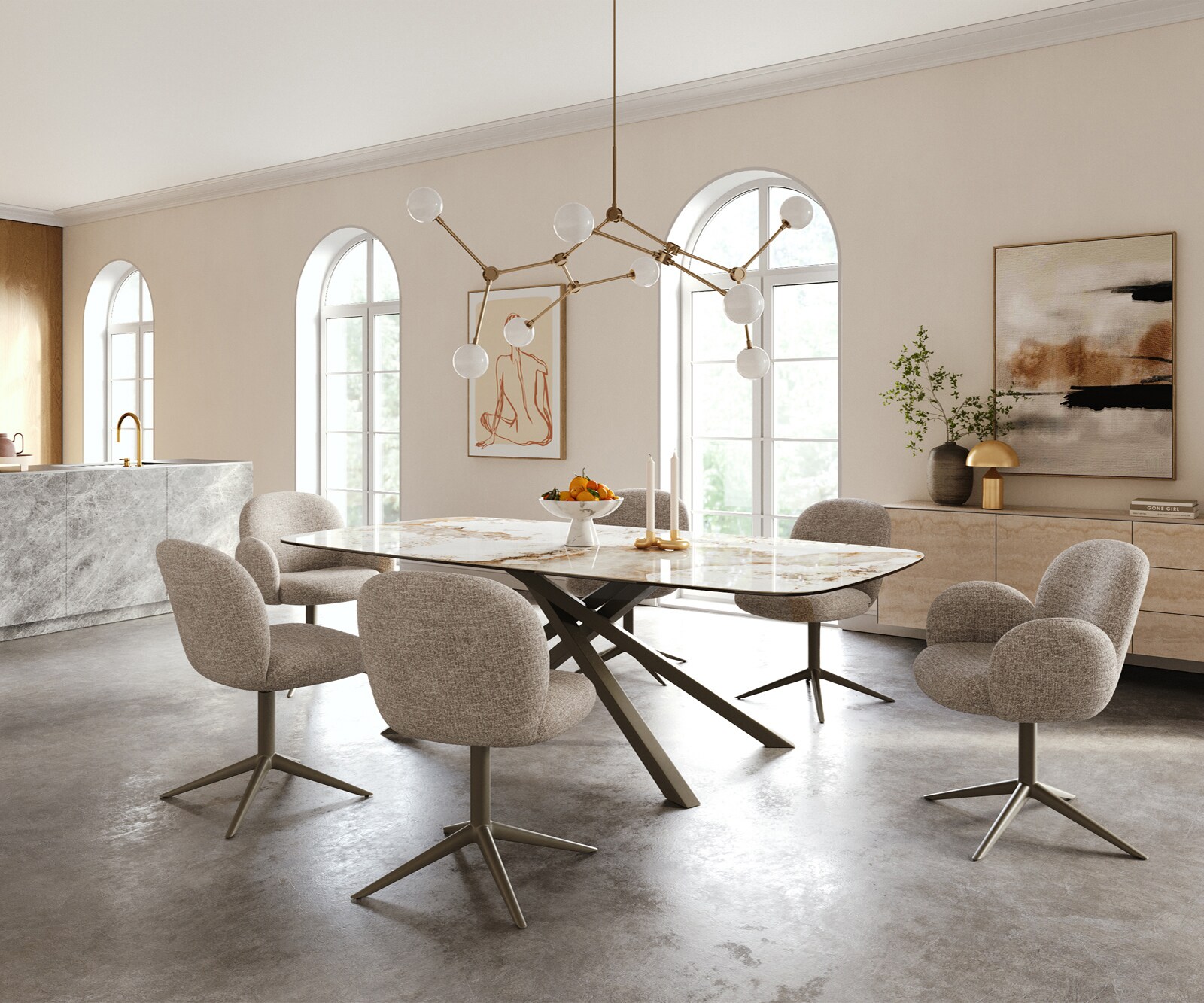 Esstisch Edge Boot 240x120 cm Keramik Minas Melange Weiß-Beige Kreuzgestell Rechteck Effektfinish Titan 5
