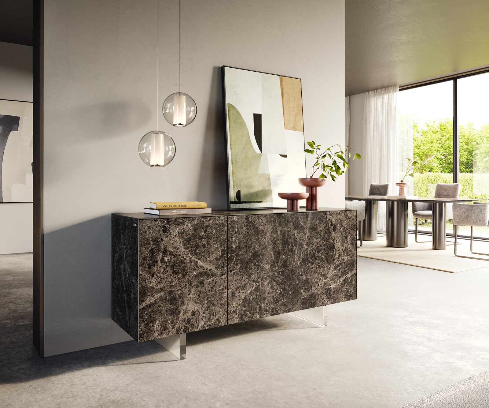 Sideboard Cuor 150 cm Keramik Emperador Extra Lucidato Dunkelbraun 3 Türen Fuß Schwebeoptik Acrylglas