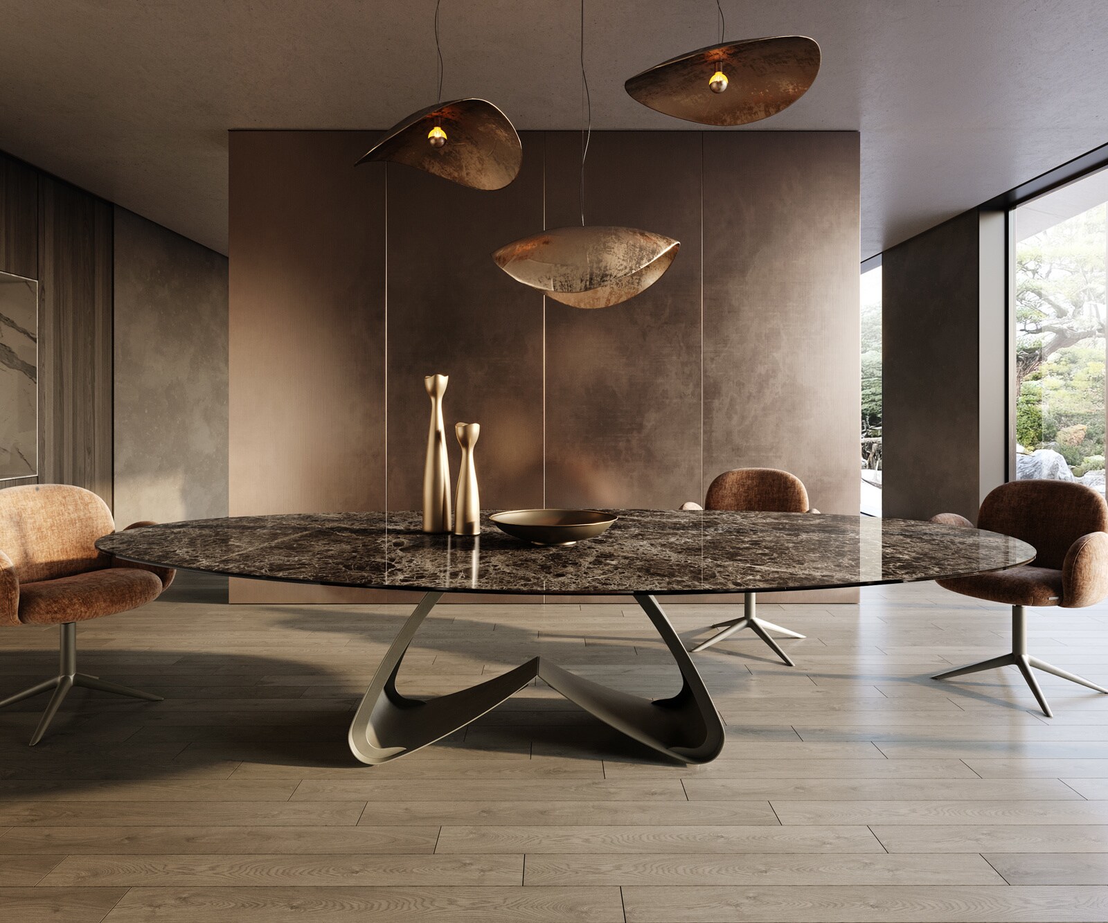 Table de salle à manger Edge Ovale 315x150 cm Céramique Emperador Extra Lucidato Brun foncé Piètement en W Métal finition effet Titane 1