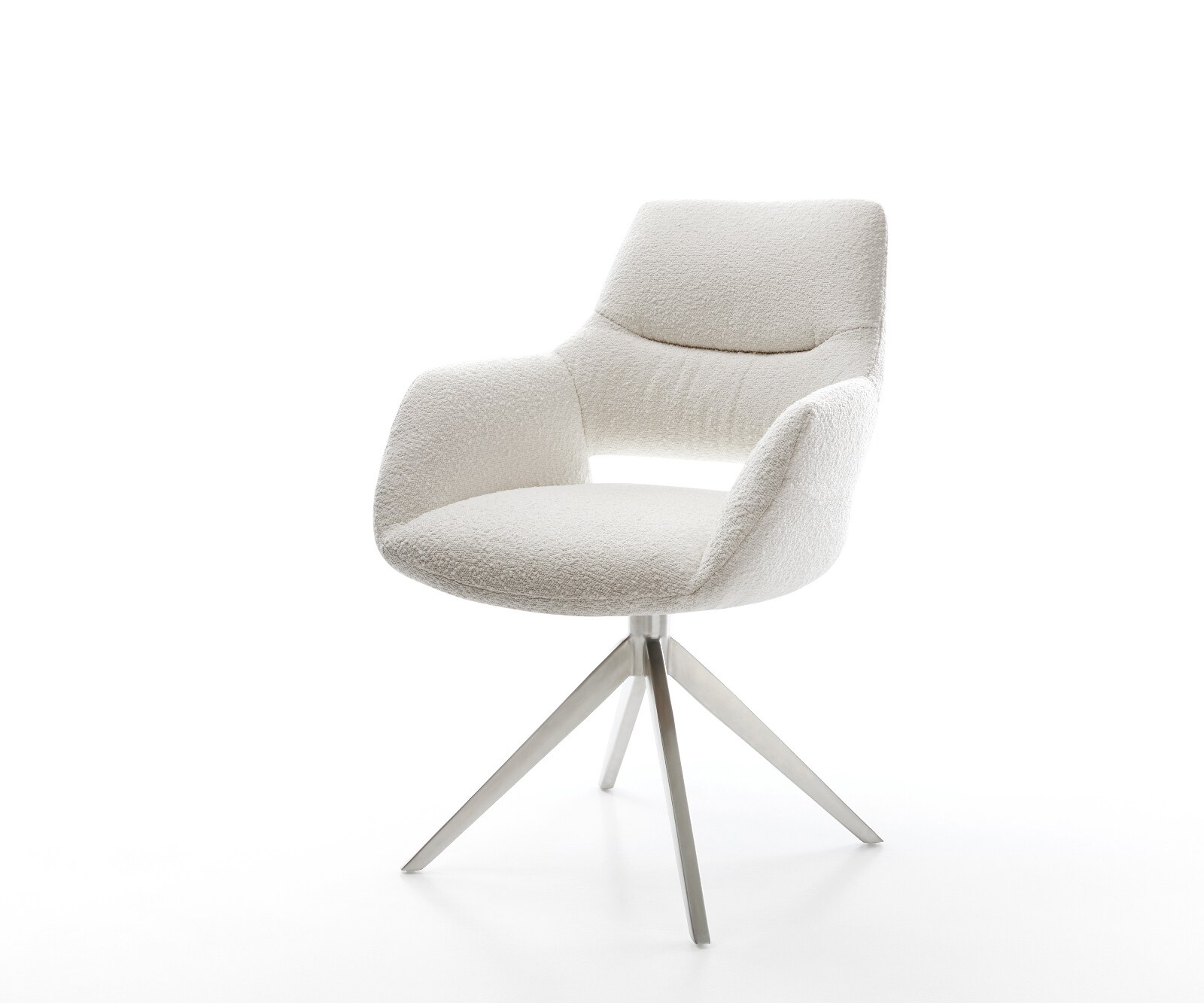 Chaise-pivotante Yago-Flex avec accoudoirs bouclé crème-blanc pied croisé large acier inoxydable pivotement sur 360° fonction bascule ressorts ensachés