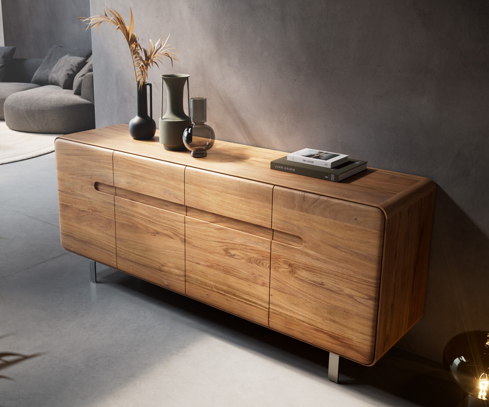 Sideboard Anaya 175 cm Akazie Natur 4 Türen L-Fuß Edelstahl 4