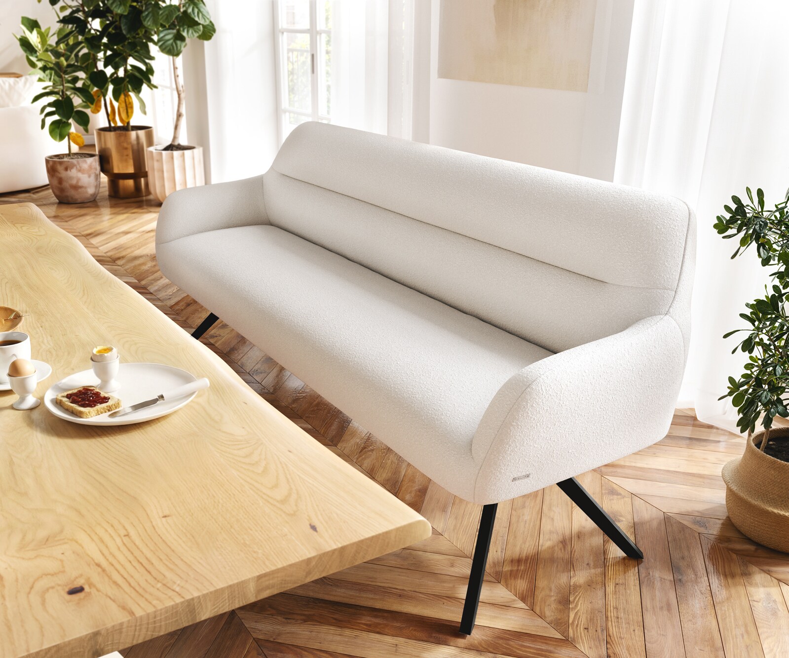 Esszimmerbank Taya-Flex 200 cm Bouclé Creme-Weiß Kreuzgestell kantig Schwarz Taschenfederkern