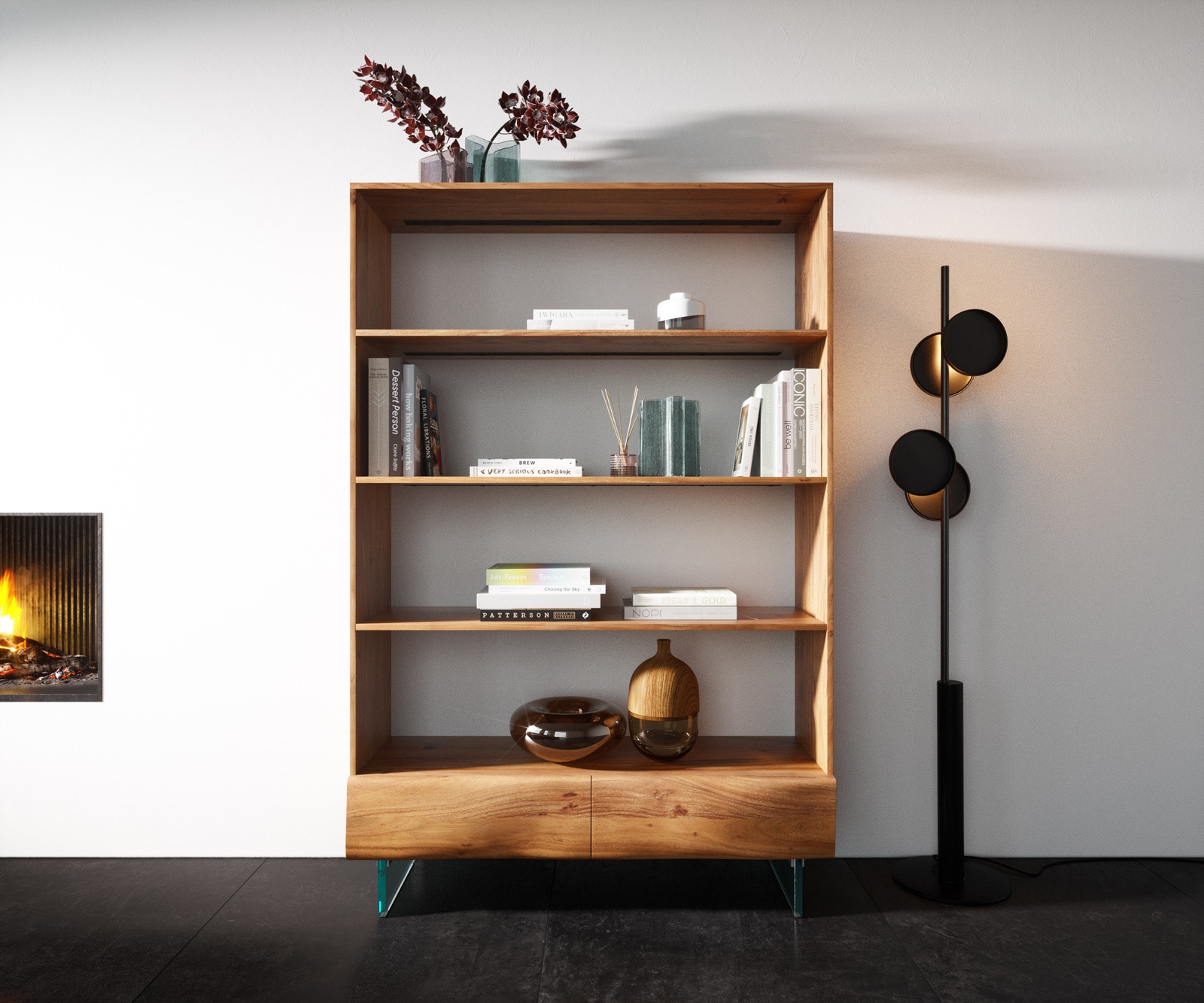Étagère New Live-Edge 115x150 cm acacia naturel 2 tiroirs pieds en verre  1 Étagère New Live-Edge 115x150 cm acacia naturel 2 tiroirs pieds en verre  1