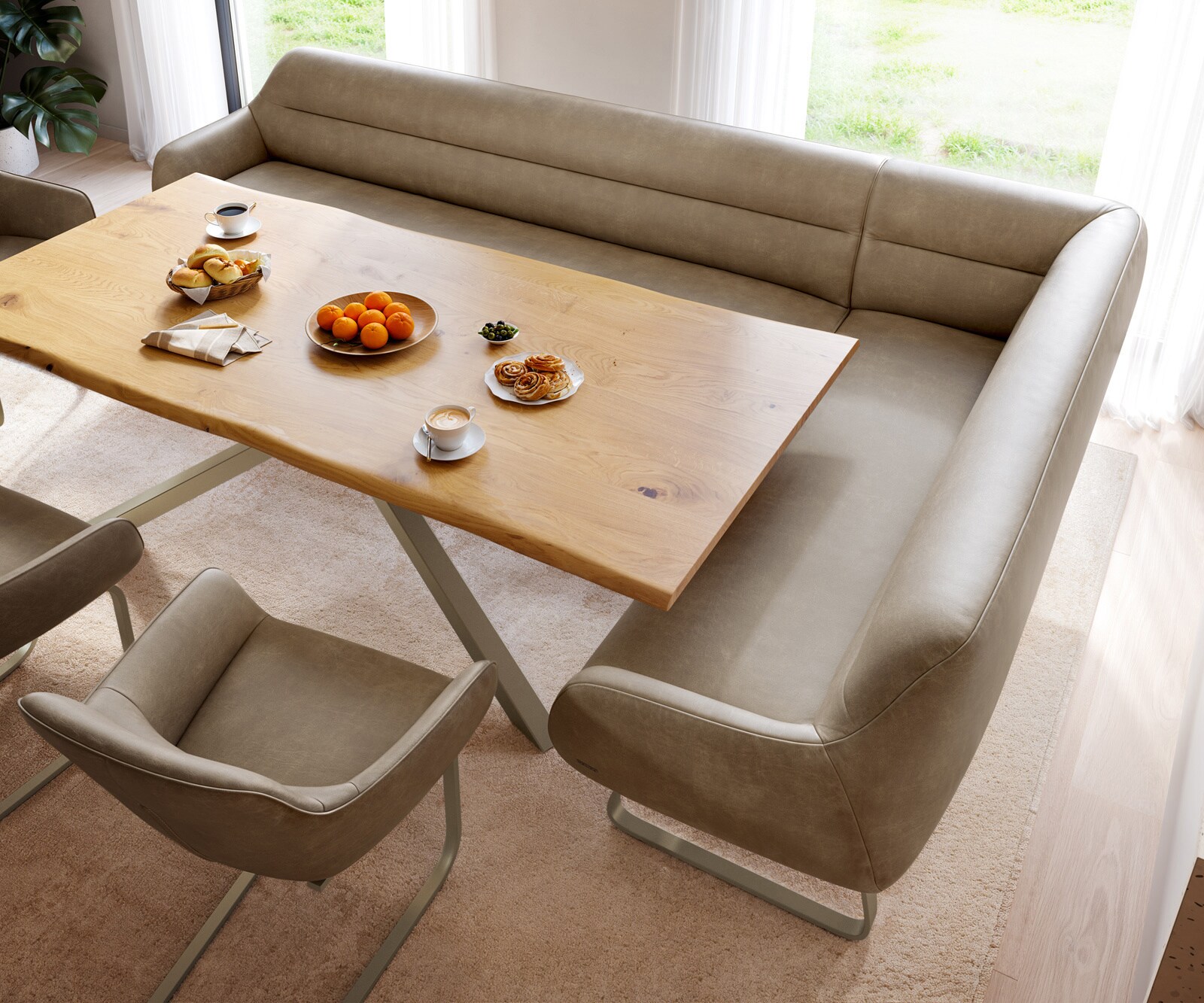 Esszimmerbank Taya-Flex 285x190 cm Mikrofaser Beige Vintage Kufengestell flach Effektfinish Titan Taschenfederkern Rechts 4