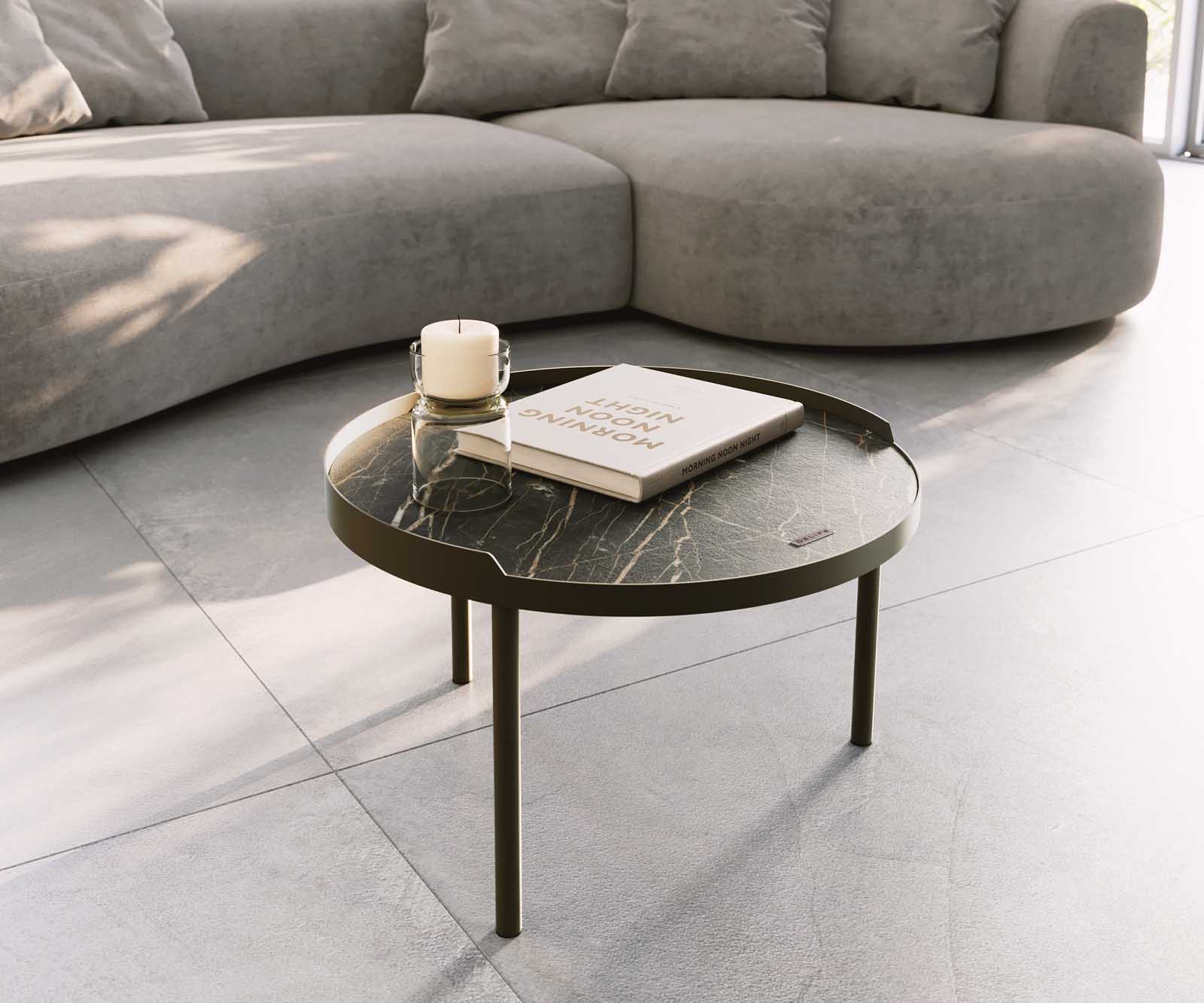 Table-basse Torell 50x50 cm Céramique Laminam®Noir Désir Marron Cadre métallique finition effet titane 1