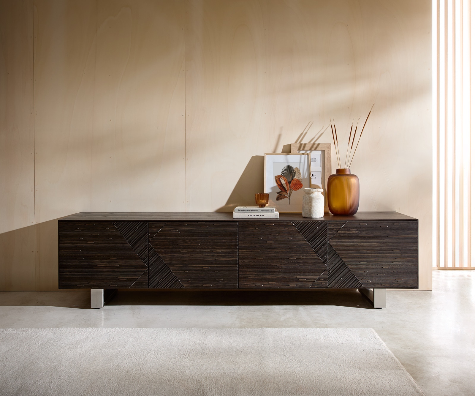 Lowboard Tereos 220 cm Esche Dunkelbraun 3D Effekt 4 Türen Kufe Edelstahl gebürstet 1 Lowboard Tereos 220 cm Esche Dunkelbraun 3D Effekt 4 Türen Kufe Edelstahl gebürstet 1