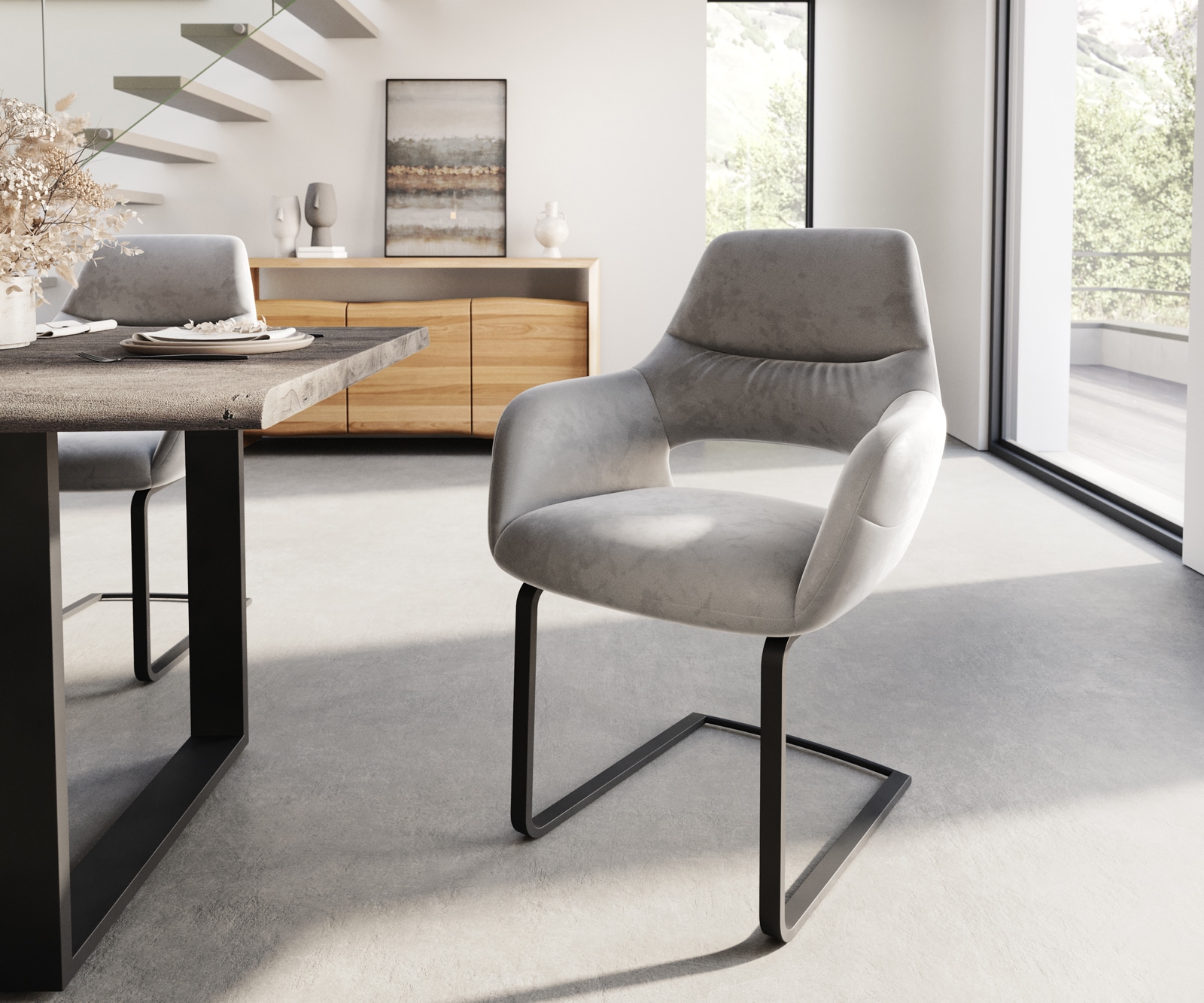 Freischwinger Yago-Flex mit Armlehnen Samt Grau Freischwinger flach Schwarz Taschenfederkern Freischwinger Yago-Flex mit Armlehnen Samt Grau Freischwinger flach Schwarz Taschenfederkern