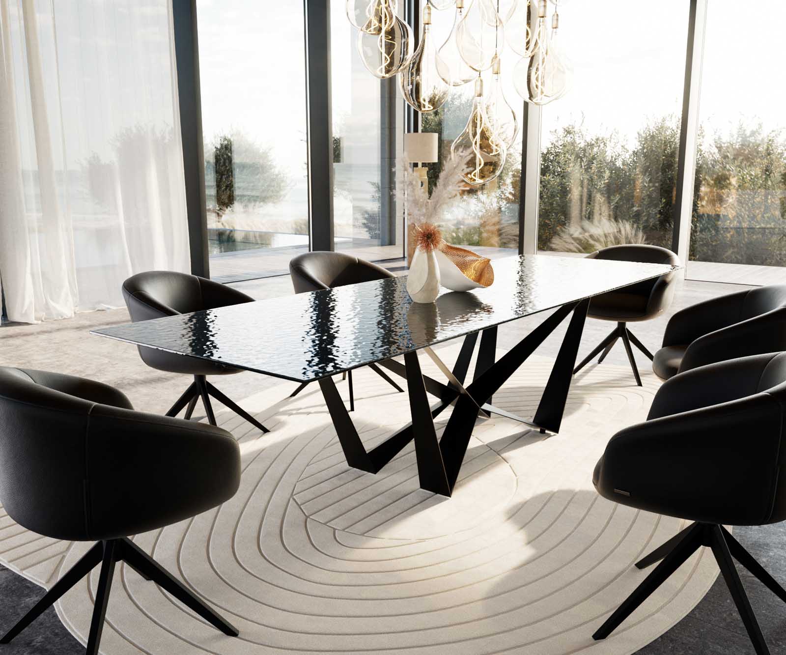 Esstisch Edge 300x100 Reliefglas Rauchschwarz 3D-Design Spider Flachstahl Schwarz 9