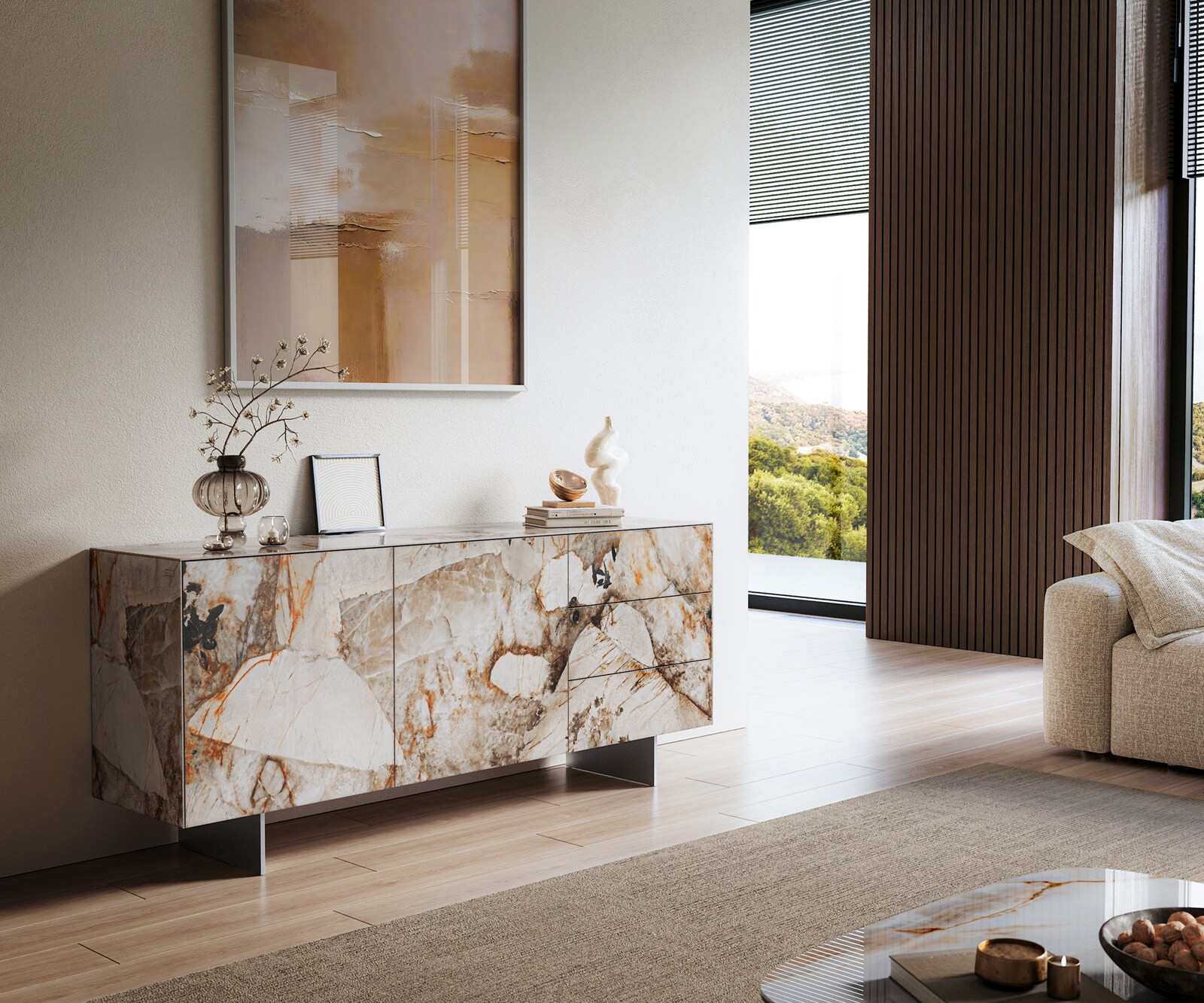 Buffet Cuor 180 cm Céramique Patagonia raffinée 2 Portes 3 Tiroirs Pied optique flottant Ancier inoxydable 1