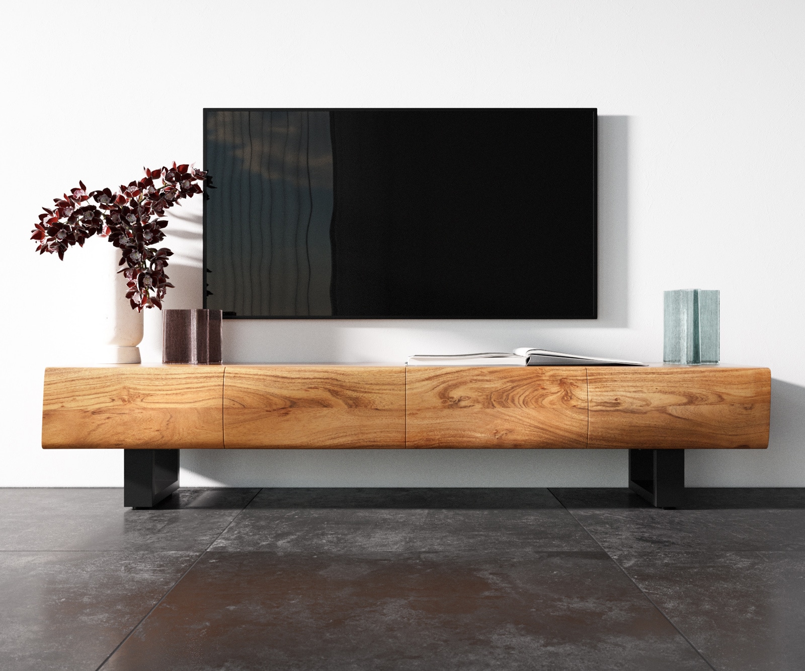 Meuble TV New Live-Edge 175 cm acacia naturel 4 portes patins métal noir  3 Meuble TV New Live-Edge 175 cm acacia naturel 4 portes patins métal noir  3