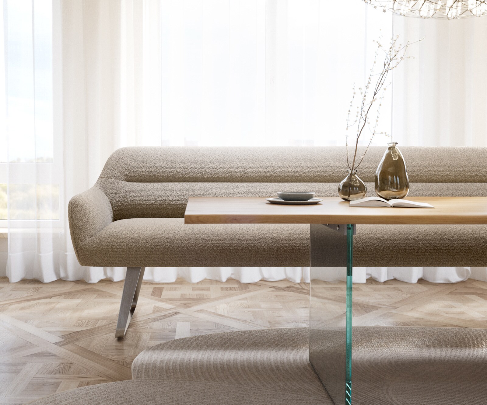 Esszimmerbank Taya-Flex 300 cm Bouclé Schlamm Kufengestell flach Edelstahl Taschenfederkern 1