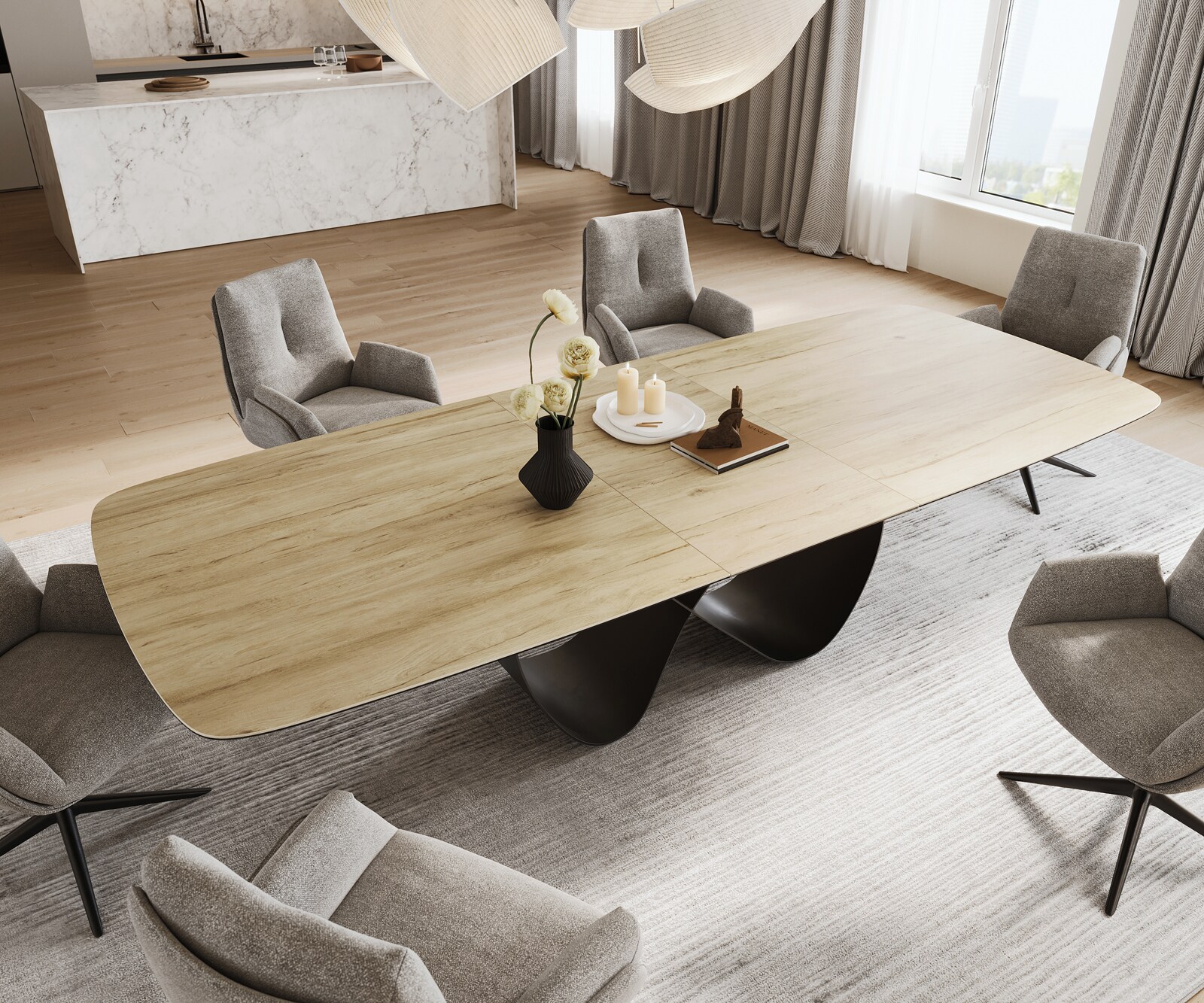 Esstisch Edge Boot 240-300x120 cm Keramik Laminam® Sabbia Eichefarbig Infinity Metall Schwarz ausziehbar 3