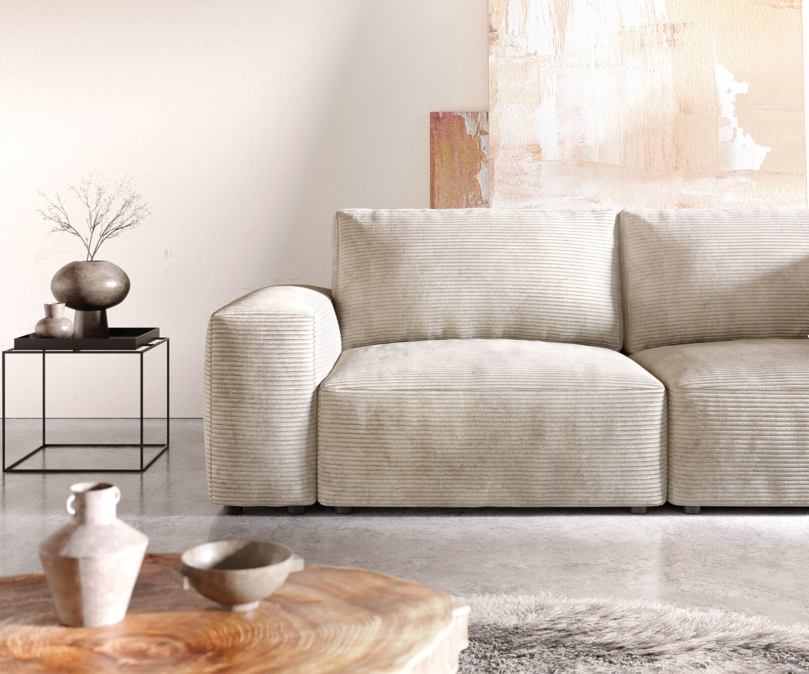 Big canapé Lanzo 230x95 cm velours côtelé beige 4