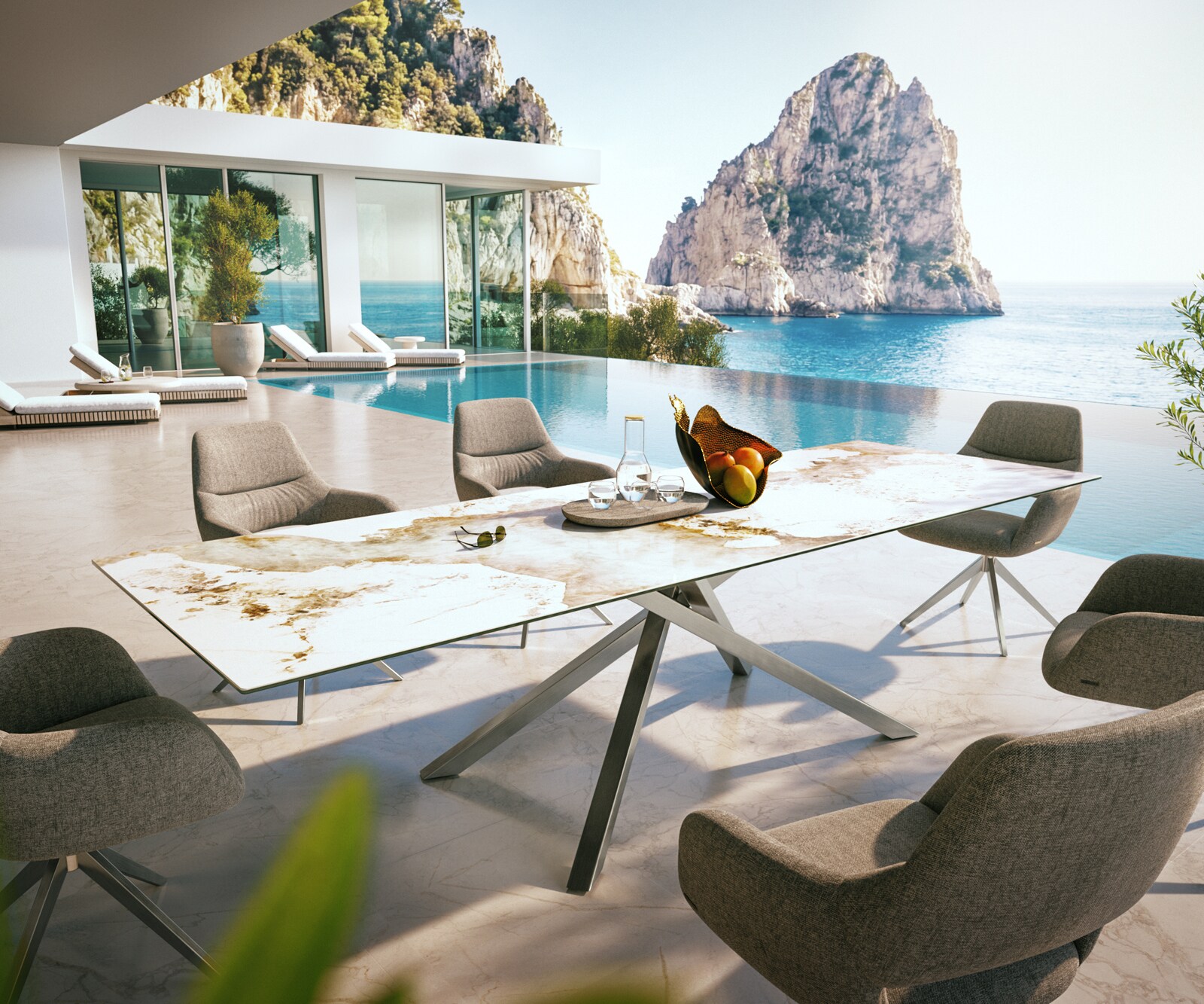 Table d’extérieur Edge 300x100 cm céramique Minas Melange blanc-beige piètement croisé rectangulaire en acier inoxydable