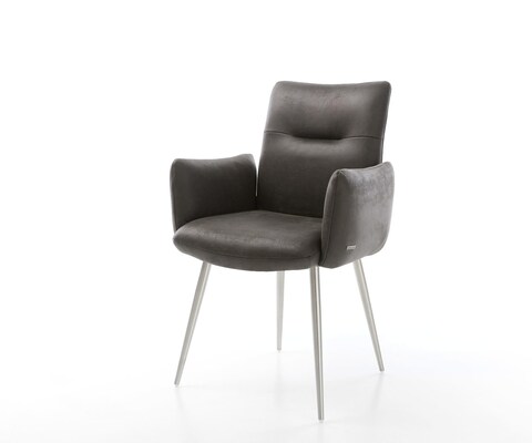 Chaise-de-salle-à-manger Jova-Flex avec accoudoirs microvelours anthracite vintage 4 pieds coniques acier inoxydable brossé ressorts ensachés