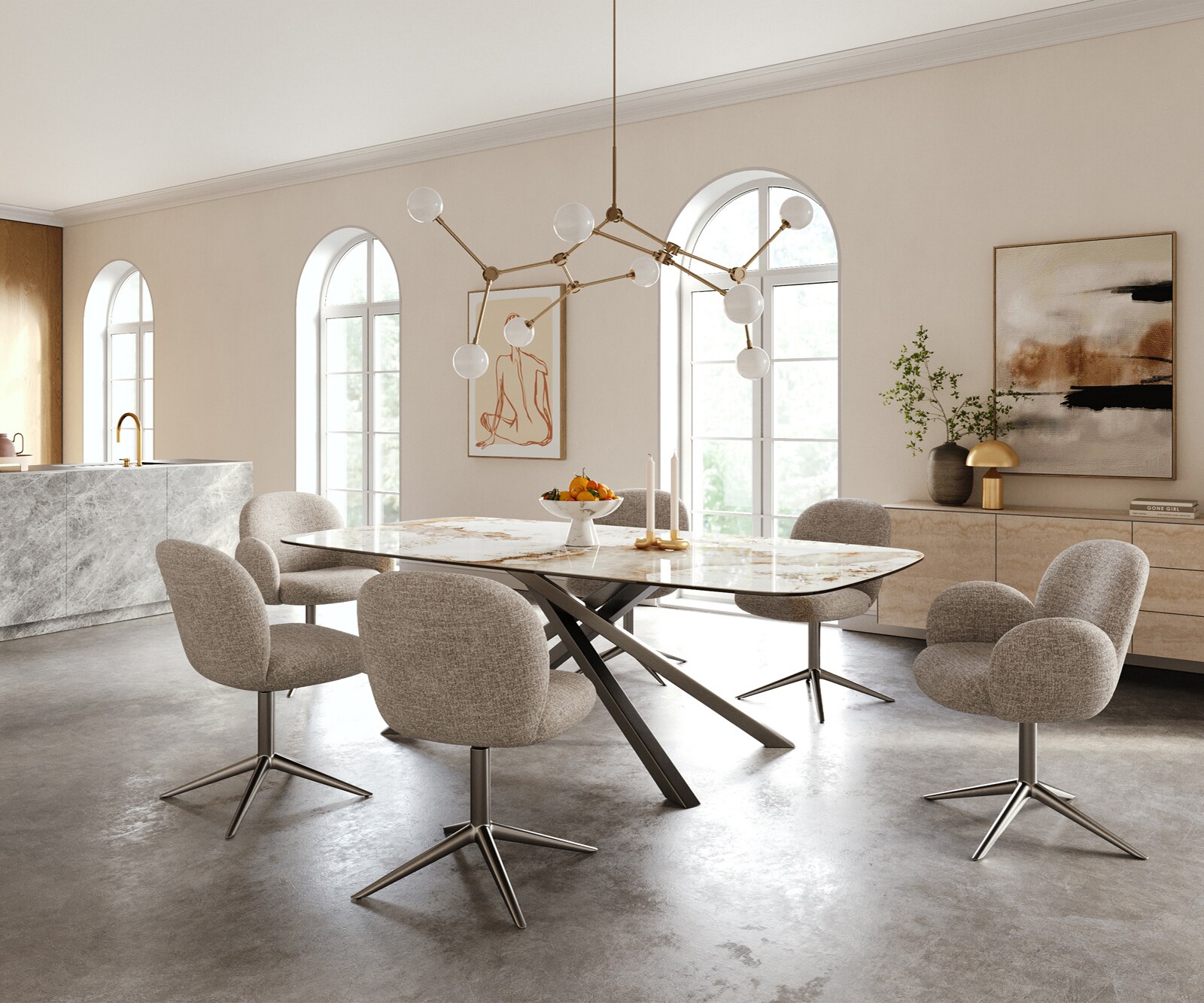 Esstisch Edge Boot 240x120 cm Keramik Minas Melange Weiß-Beige Kreuzgestell Rechteck Edelstahl Graphit 5