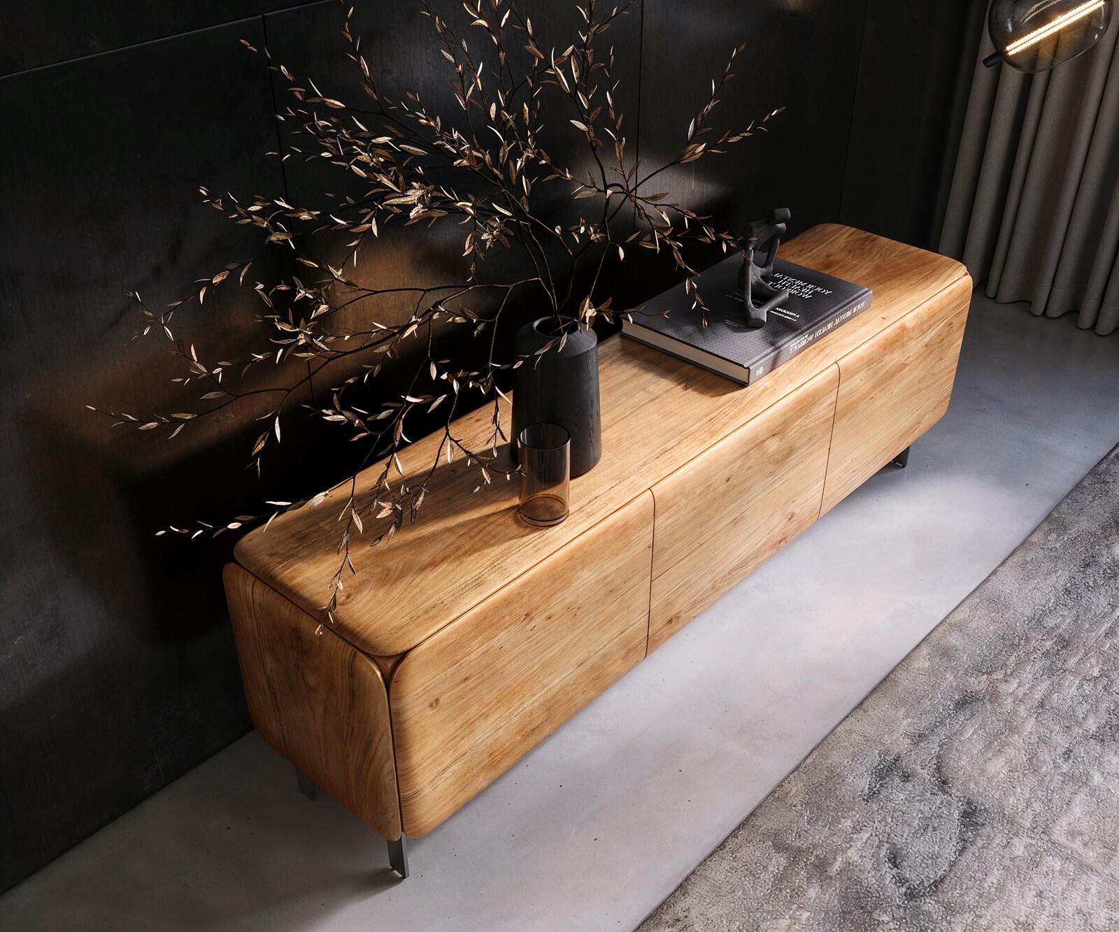 Lowboard Shavani 175 cm Akazie Natur 2 Türen 2 Schubladen L-Fuß Edelstahl Silber 3