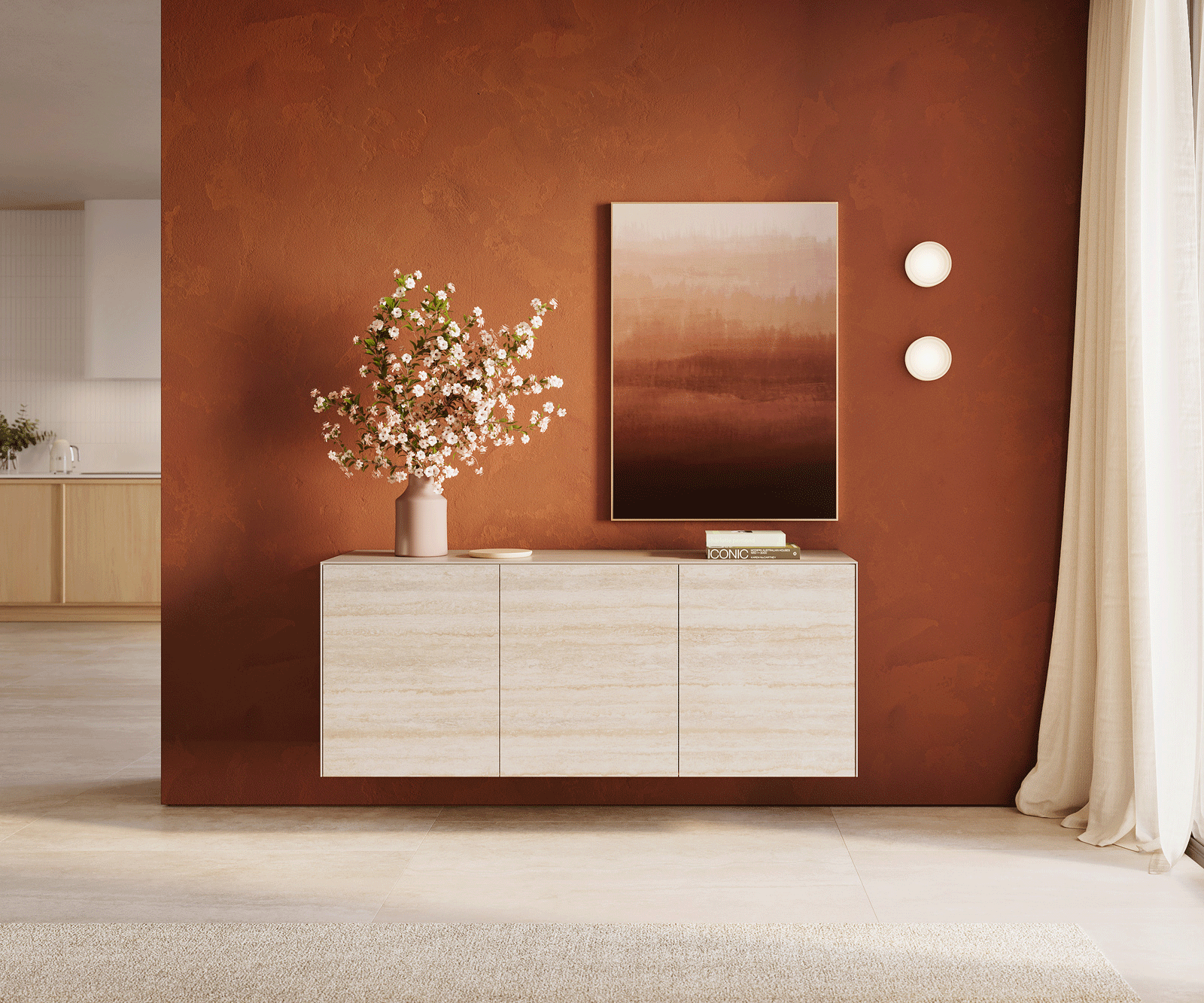 Sideboard Cuor 150 cm Keramik Laminam® Travertino Bianco Creme-Weiß 3 Türen Schwebend 1