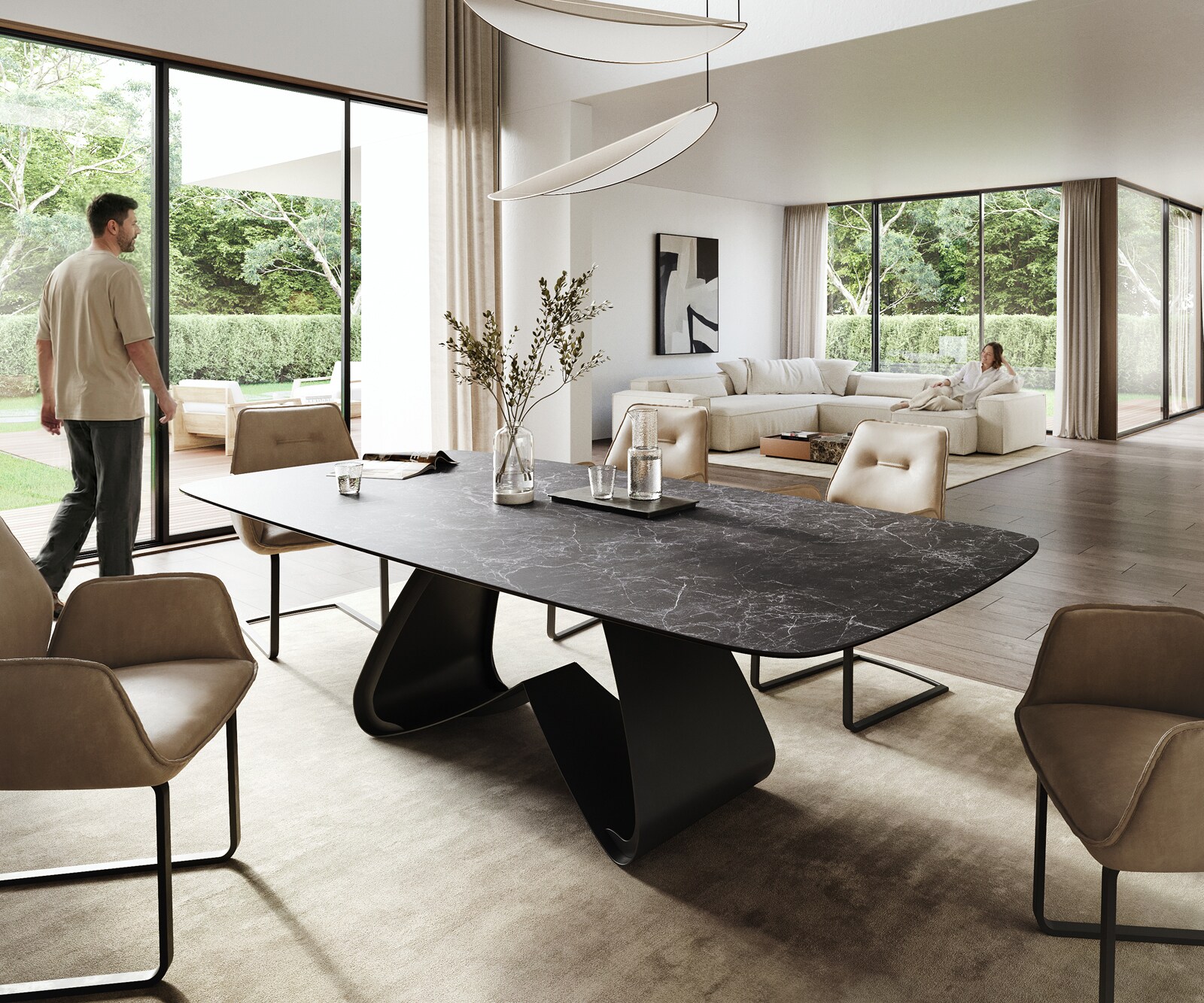 Table à manger Edge Boot 260x120 cm Céramique Laminam® Nero Greco Anthracite piètement en W Métal Noir