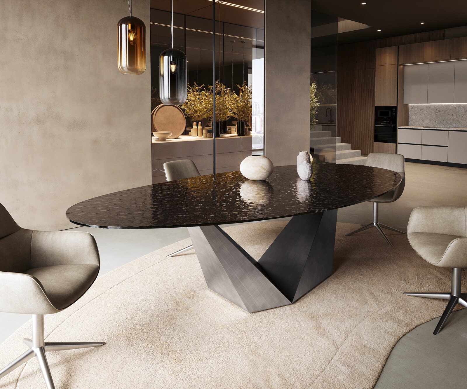 Table à manger Edge Ovale 280x130 Reliefglas RauchNoir 3D-Design Zenthara anguleux Métal finition à effet Titane 1