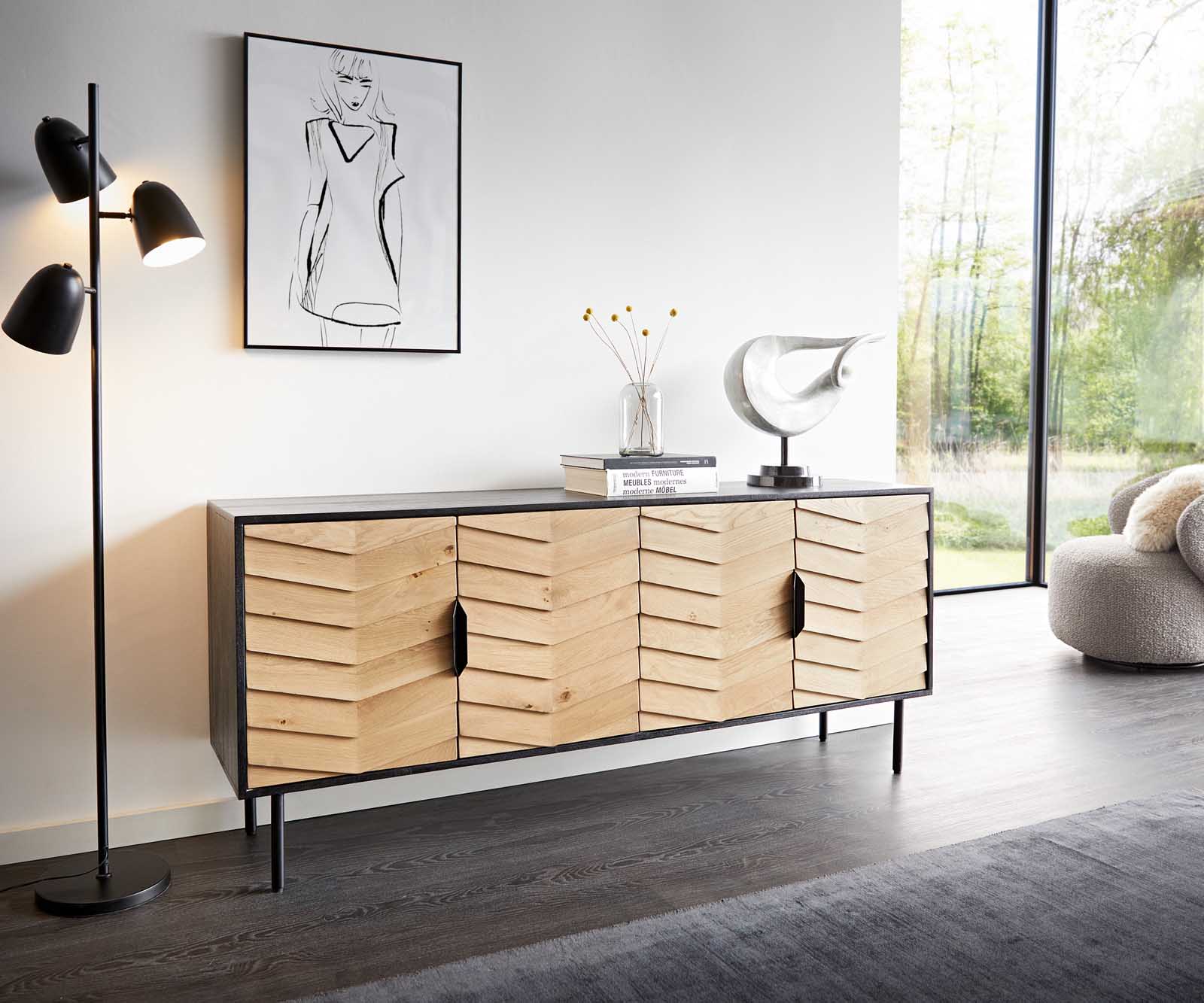 Sideboard Muvi 175 cm Eiche Natur Mango Schwarz Metall Schwarz 4 Türen Sideboard Muvi 175 cm Eiche Natur Mango Schwarz Metall Schwarz 4 Türen