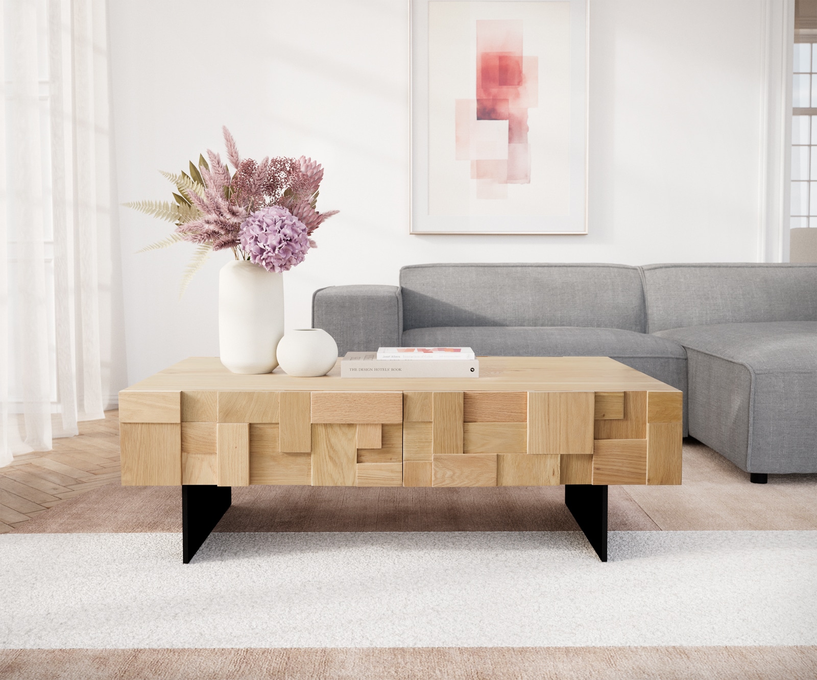 Couchtisch Puzzle 120 cm 4 Schubfächer Eiche Natur Fuß schwebend Metall schwarz 1 Couchtisch Puzzle 120 cm 4 Schubfächer Eiche Natur Fuß schwebend Metall schwarz 1