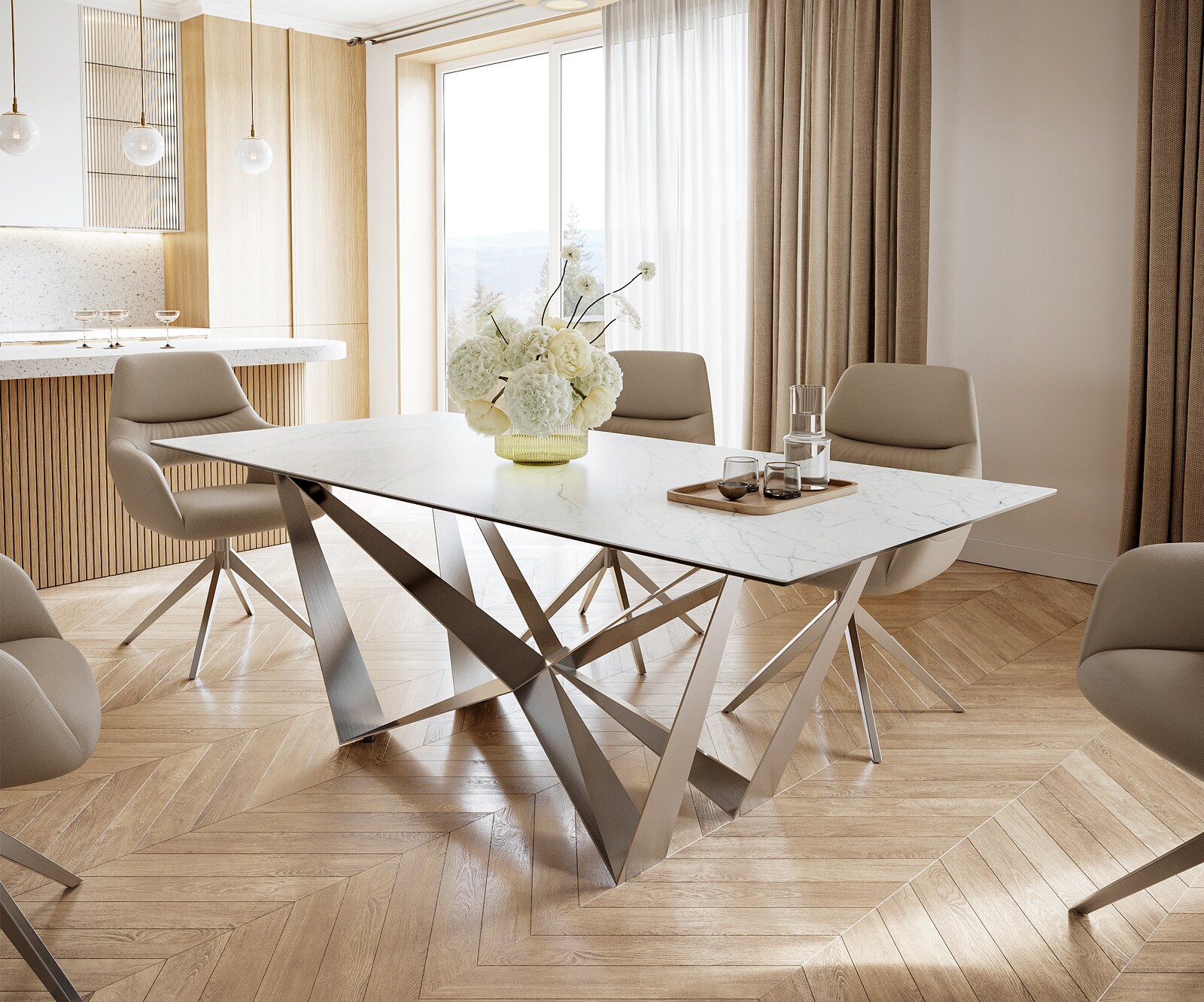 Table-à-manger Edge 200x100cm Laminam® céramique blanc pieds milieu acier plat argent