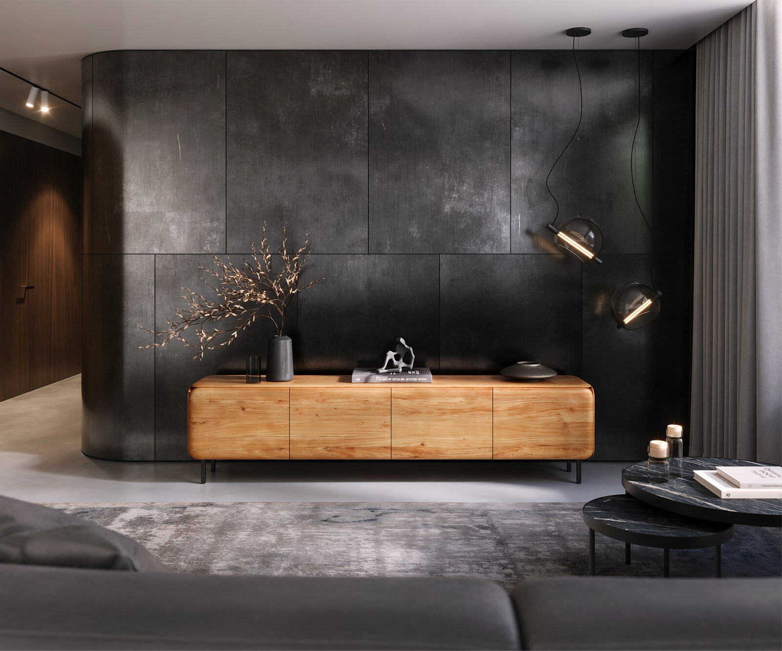 Meuble-TV Shavani 220 cm Acacia naturel 4 portes Pieds ronds Métal Noir 1