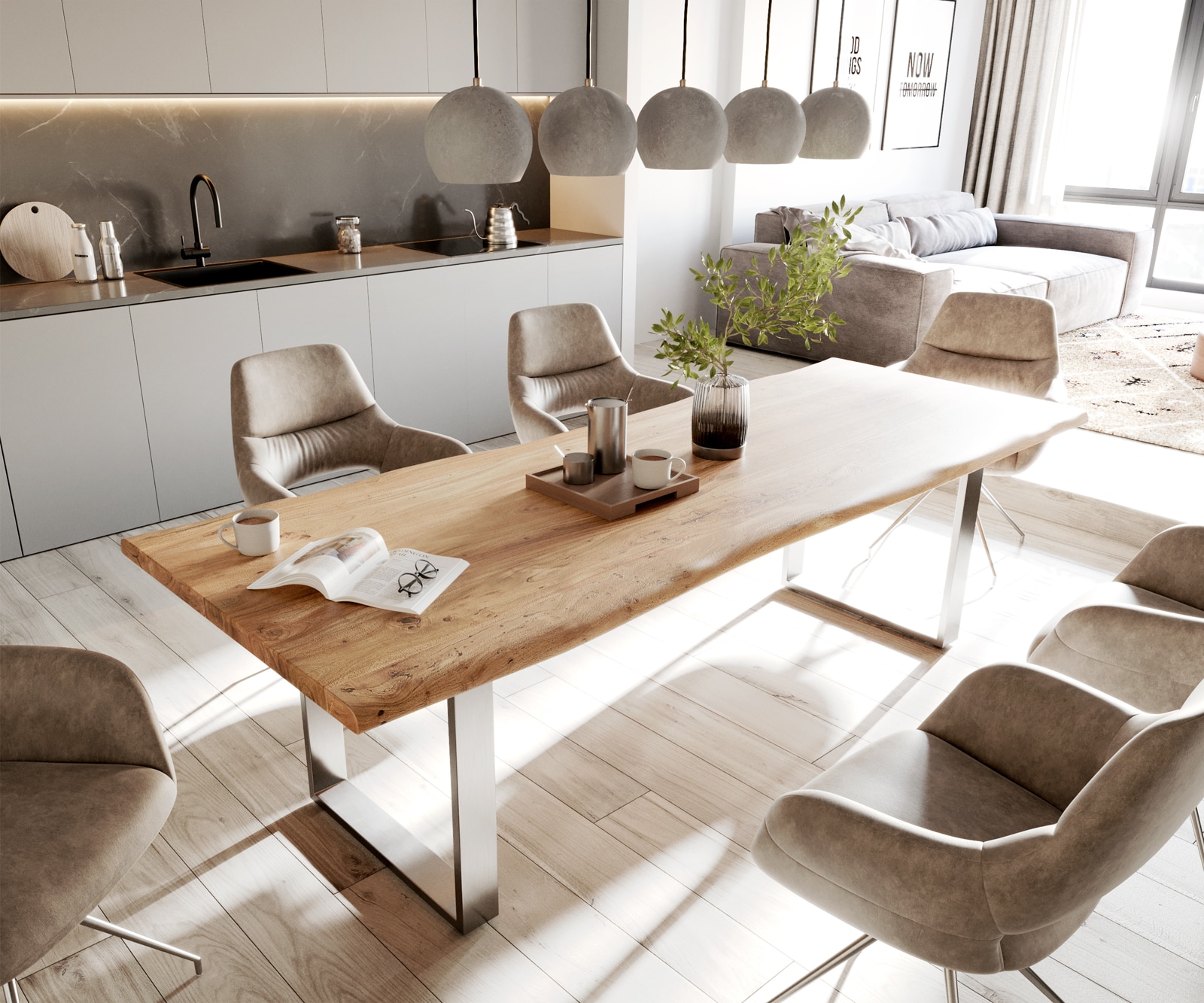 Esstisch Edge 260x100 Akazie Natur Edelstahl Schmal Live-Edge Esstisch Edge 260x100 Akazie Natur Edelstahl Schmal Live-Edge