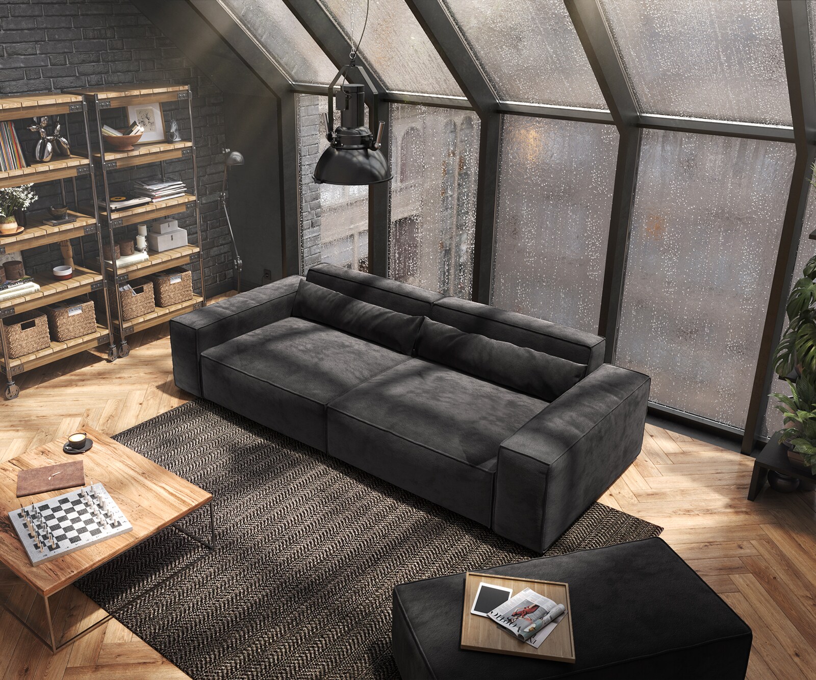 Big-Sofa Sirpio XL 270x130 cm Mikrofaser Schwarz mit Hocker 4