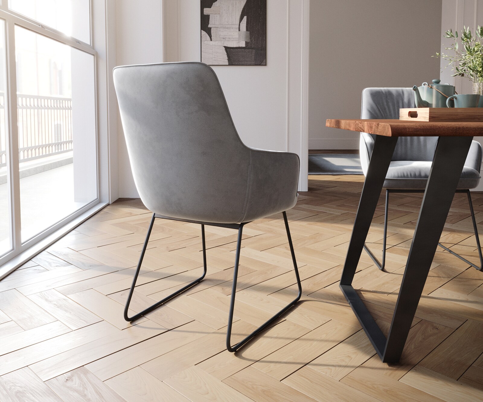 Chaise-de-salle-à-manger Zelia-Flex avec accoudoirs velours gris pied trapèze noir ressorts ensachés 4