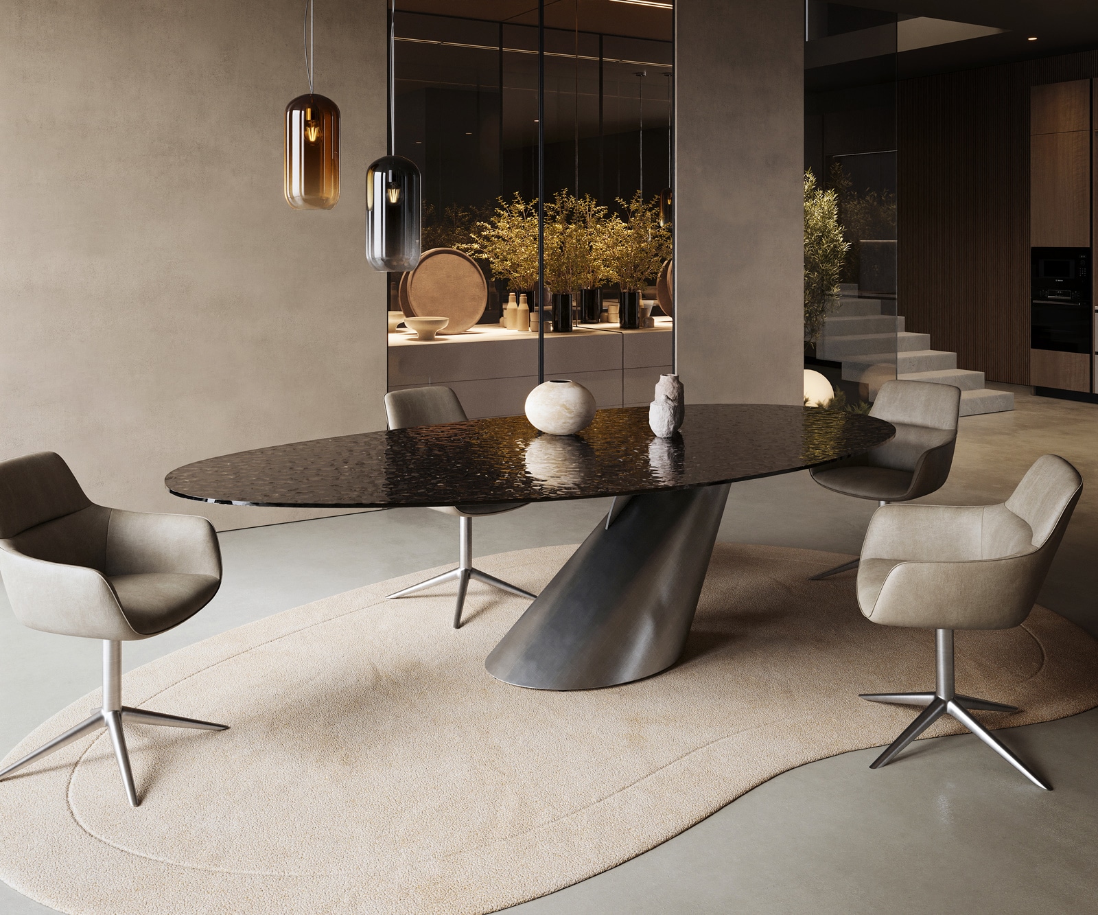 Esstisch Edge Oval 280x130 Reliefglas Rauchschwarz 3D-Design Cono Metallic Silber 5