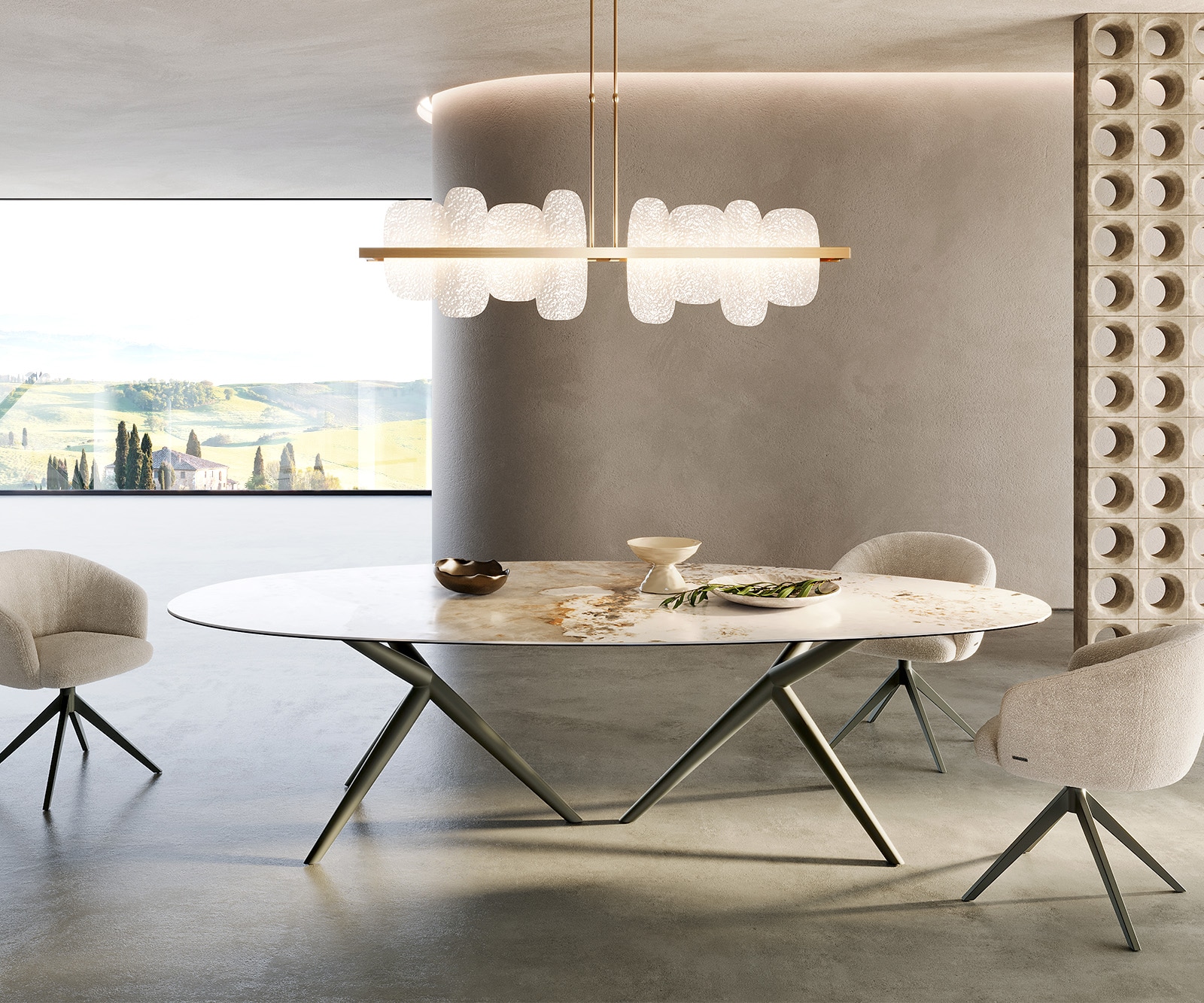 Esstisch Edge Oval Keramik Minas Melange Weiß-Beige 280x130 Estelar rund Metall Effektfinish Titan