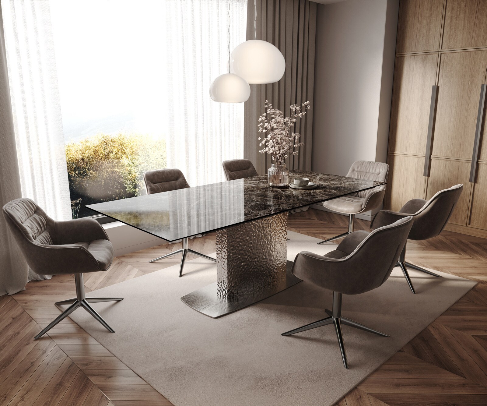 Table à manger Edge 180-220x100 Laminam® Emperador Extra Lucidato Marron foncé Wave Acier inoxydable extensible 7