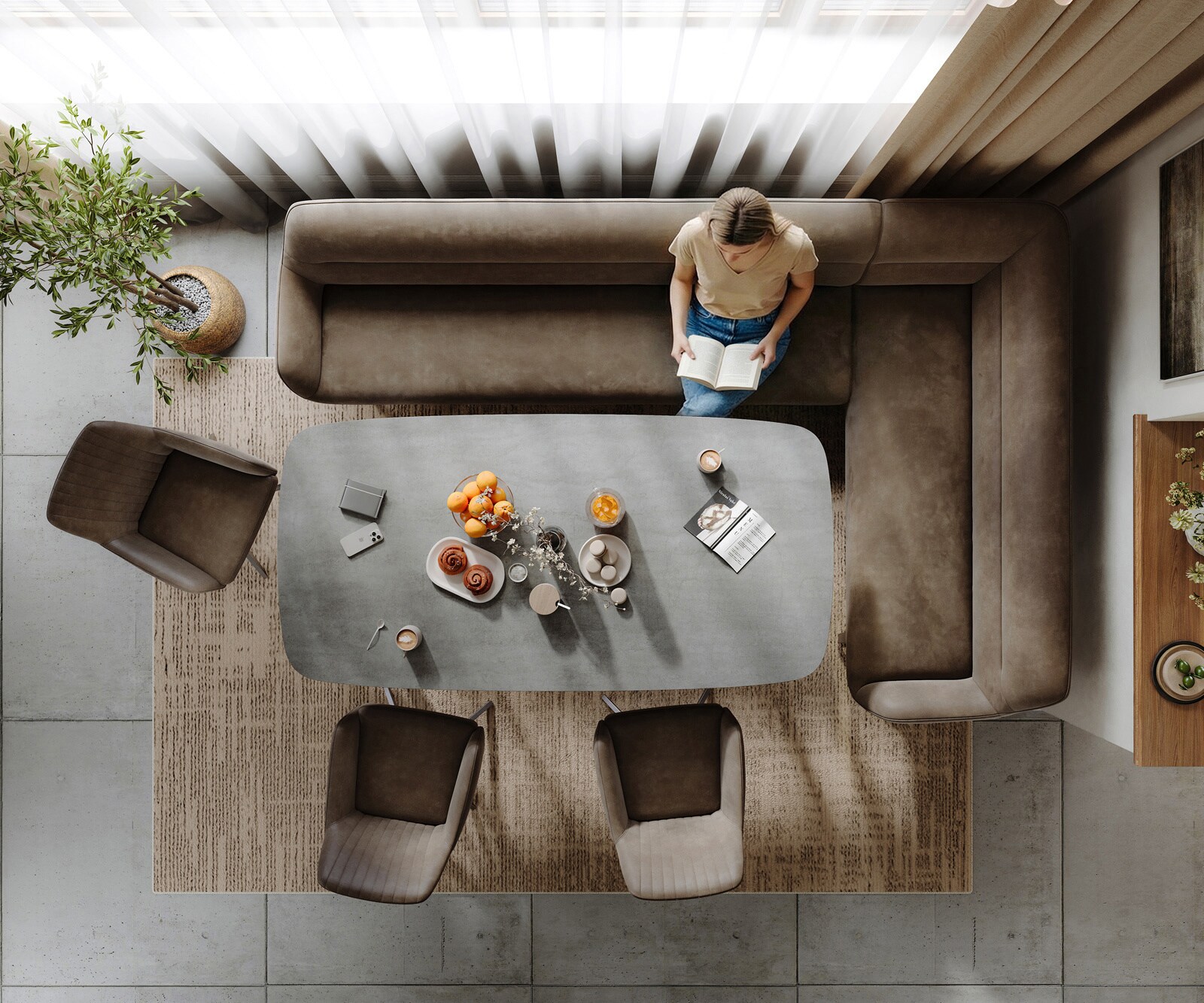 Esszimmerbank Taya-Flex 285x190 cm Mikrofaser Taupe Vintage Kufengestell flach Edelstahl Taschenfederkern Links 6