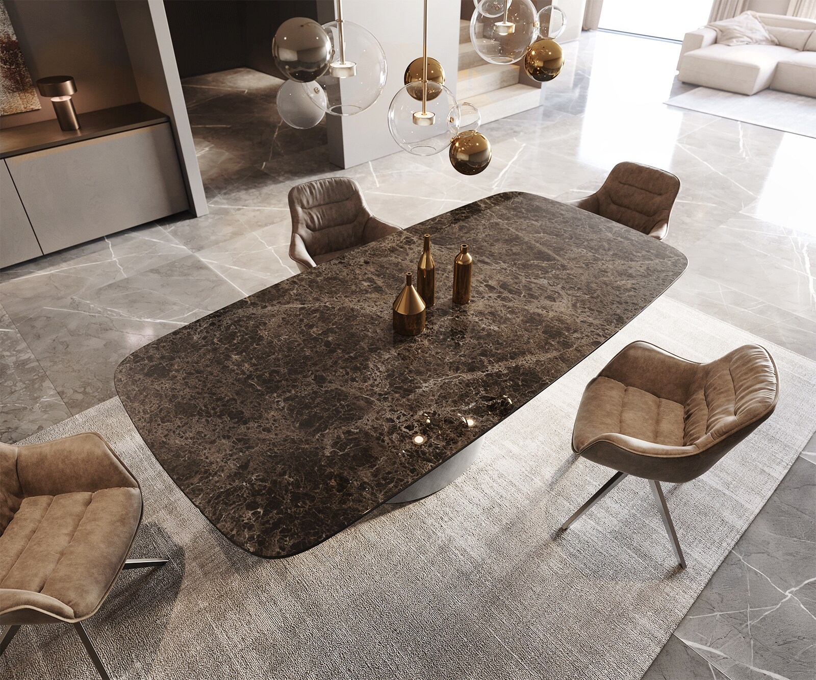 Table de salle à manger Edge Boot Céramique Emperador Extra Lucidato Brun foncé 240x120 Cono Métallique Argent 3