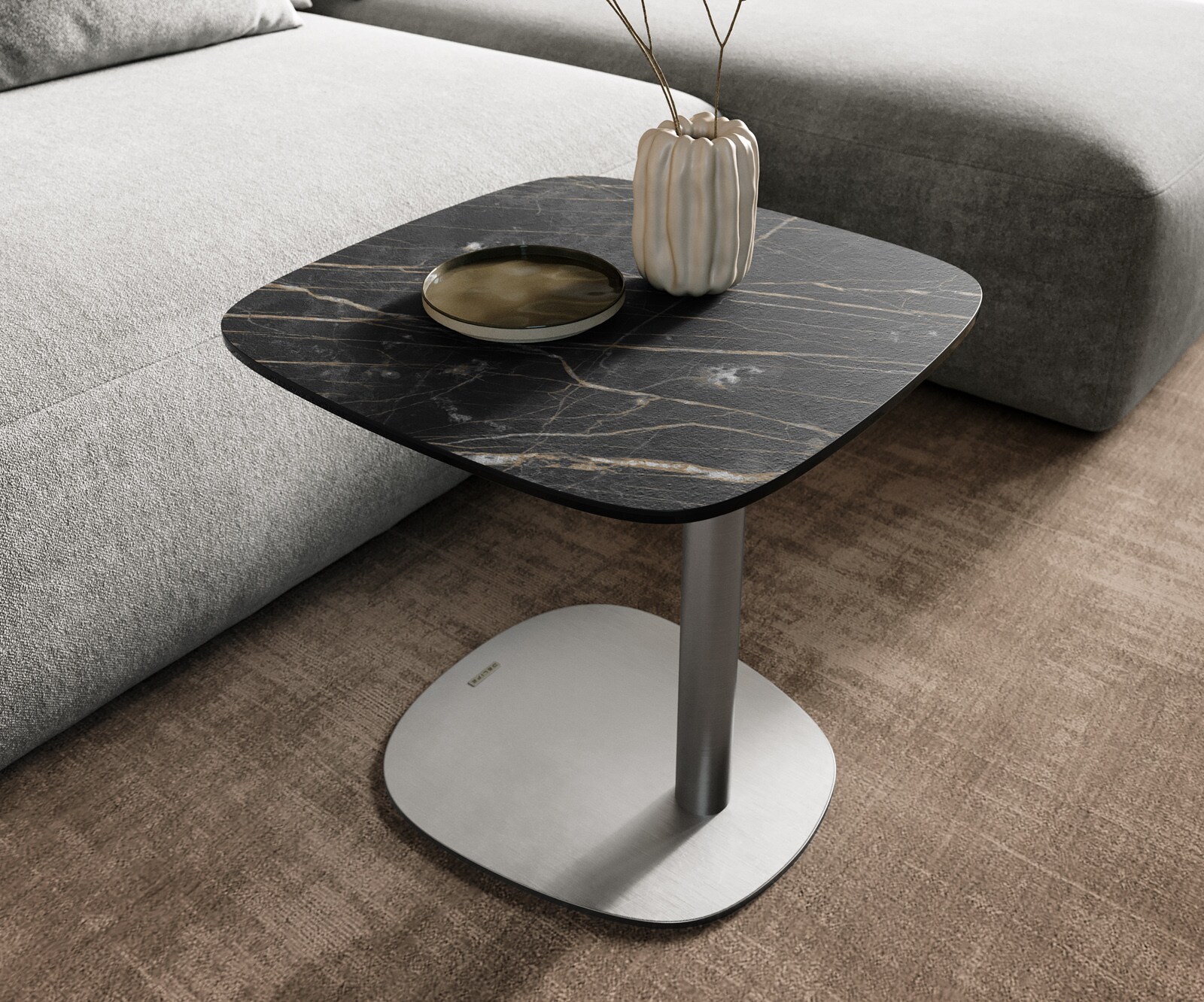 Table basse Edge Boot 50x50 cm céramique Laminam® Noir Desir brun Eleny acier inoxydable brossé 6