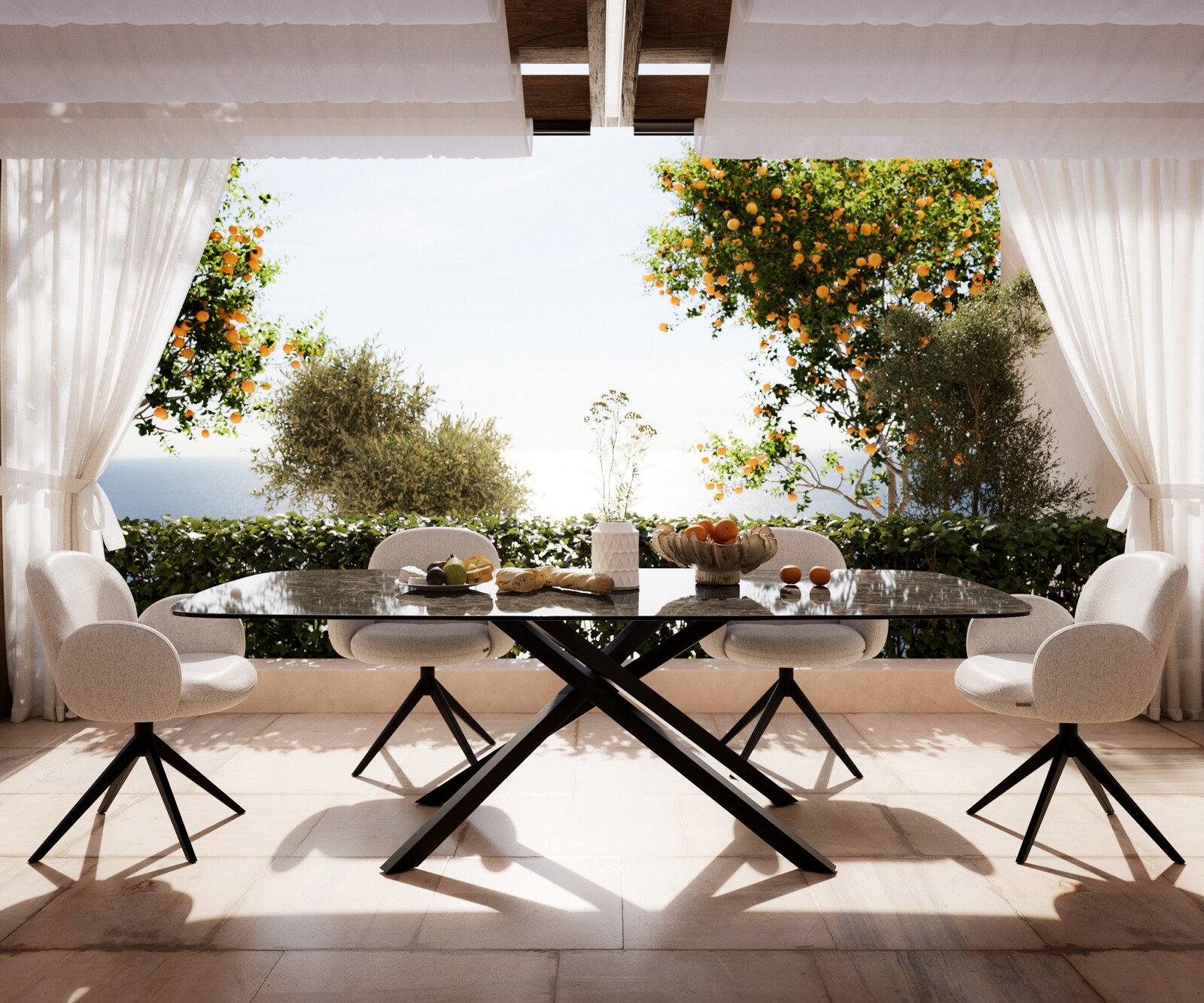 Table d’extérieur Edge Boot 240x120 cm céramique Laminam® Emperador Extra Lucidato brun foncé piètement croisé rectangulaire noir 2