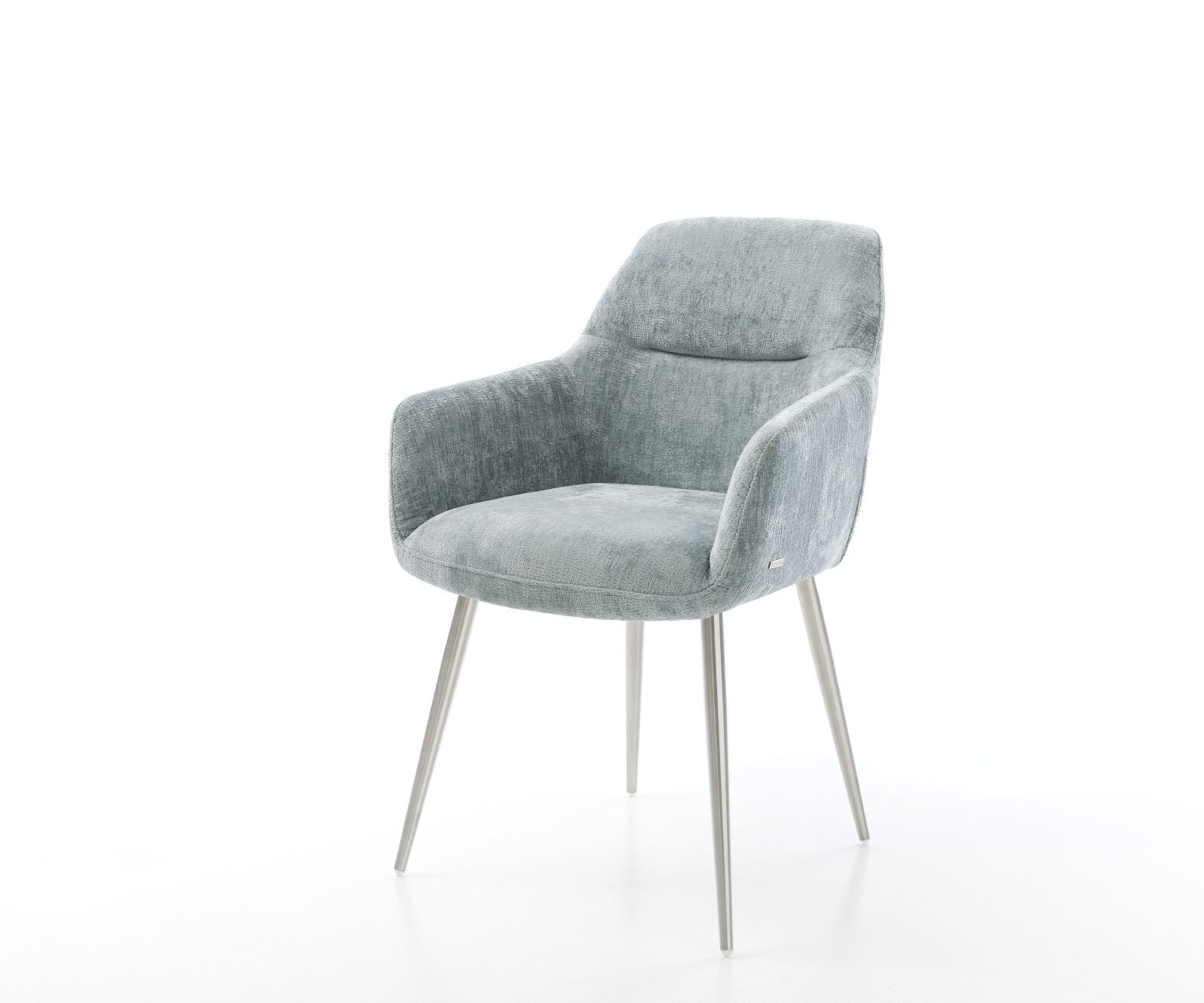 Chaise-de-salle-à-manger Pejo-Flex chenille bleu pastel 4 pieds coniques acier inoxydable brossé ressorts ensachés 1