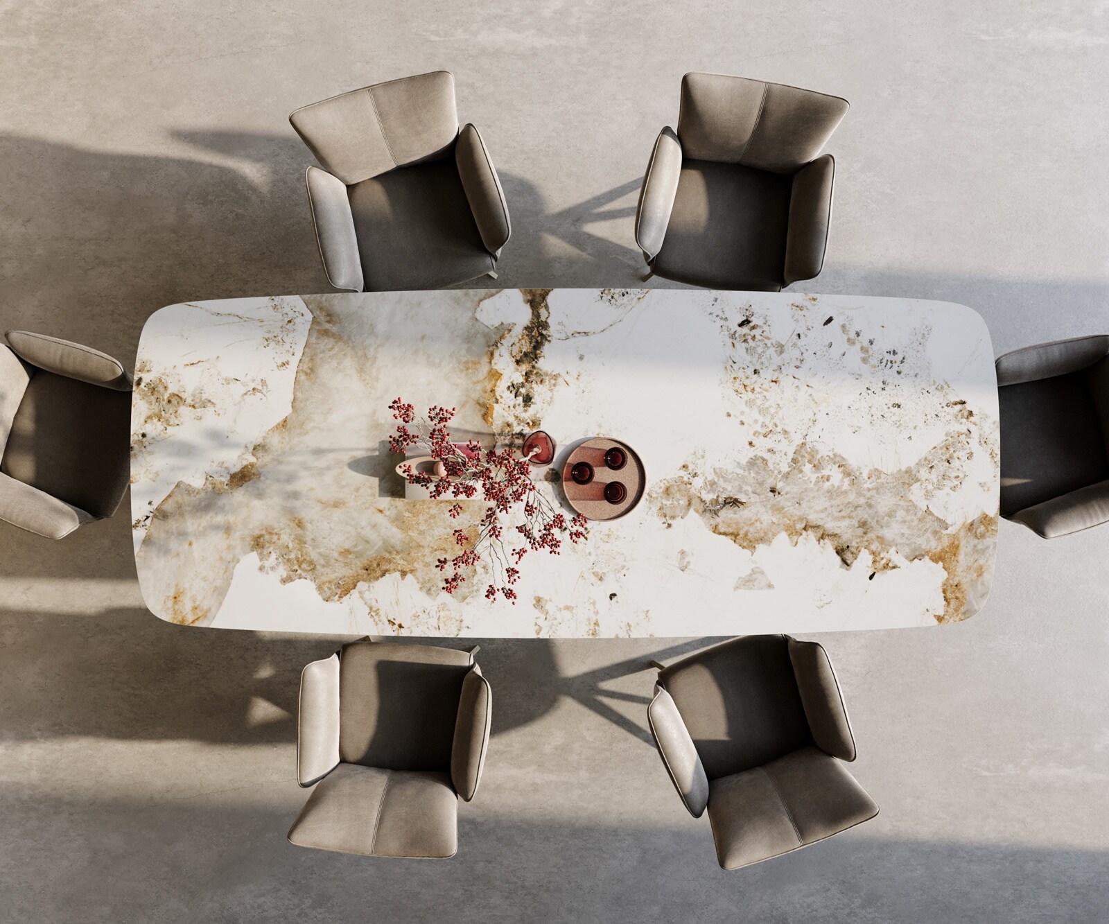 Esstisch Edge Boot 300x120 cm Keramik Minas Melange Weiß-Beige Kreuzgestell Rechteck Effektfinish Titan 3