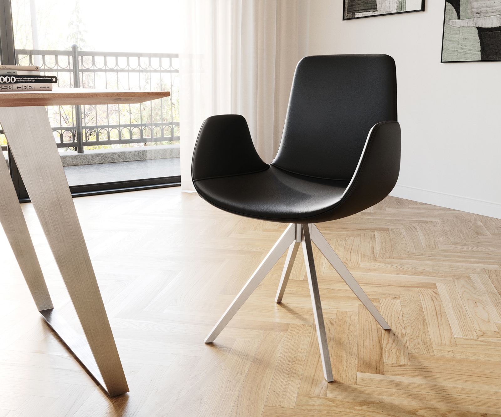 Esszimmerstuhl Ilia-Flex mit Armlehnen Echt-Leder Schwarz Kreuzgestell kantig Edelstahl Esszimmerstuhl Ilia-Flex mit Armlehnen Echt-Leder Schwarz Kreuzgestell kantig Edelstahl