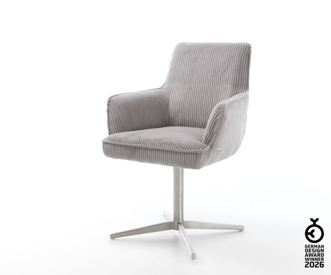 Chaise-pivotante Heira-Flex avec accoudoirs côtelé gris argenté pied de chaise 4 branches acier inoxydable brossé pivotement sur 360° ressorts ensachés