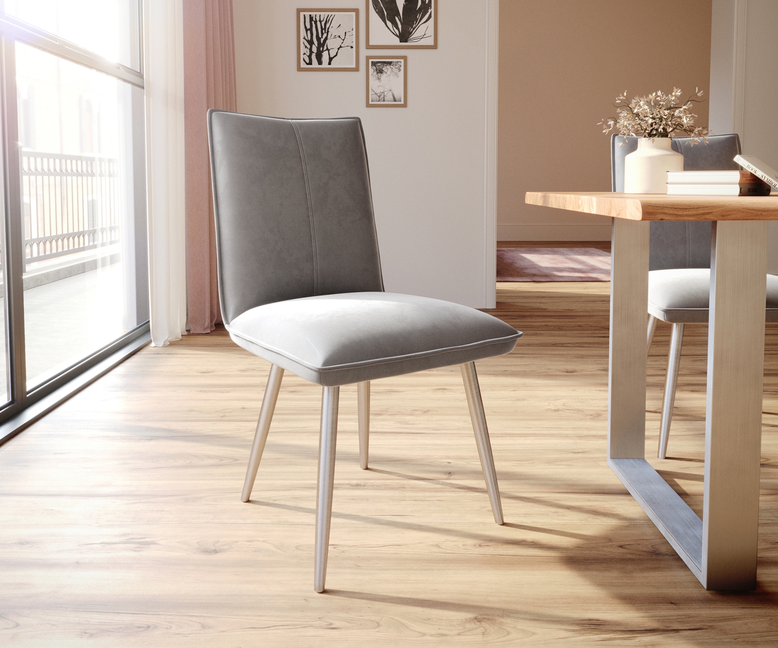 Esszimmerstuhl Lelio-Flex Samt Grau 4-Fuß konisch Edelstahl Taschenfederkern Esszimmerstuhl Lelio-Flex Samt Grau 4-Fuß konisch Edelstahl Taschenfederkern