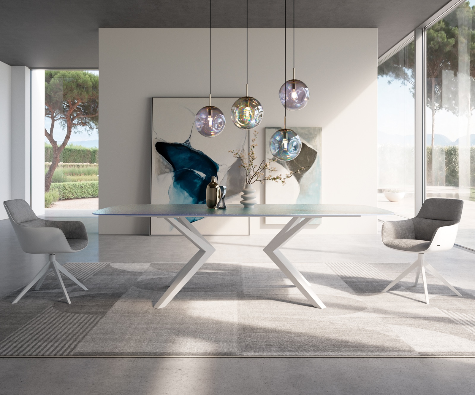 Esstisch Edge Boot 240x120 Reliefglas Perlmutt 3D-Design Zenthara kantig Metall Weiß 1