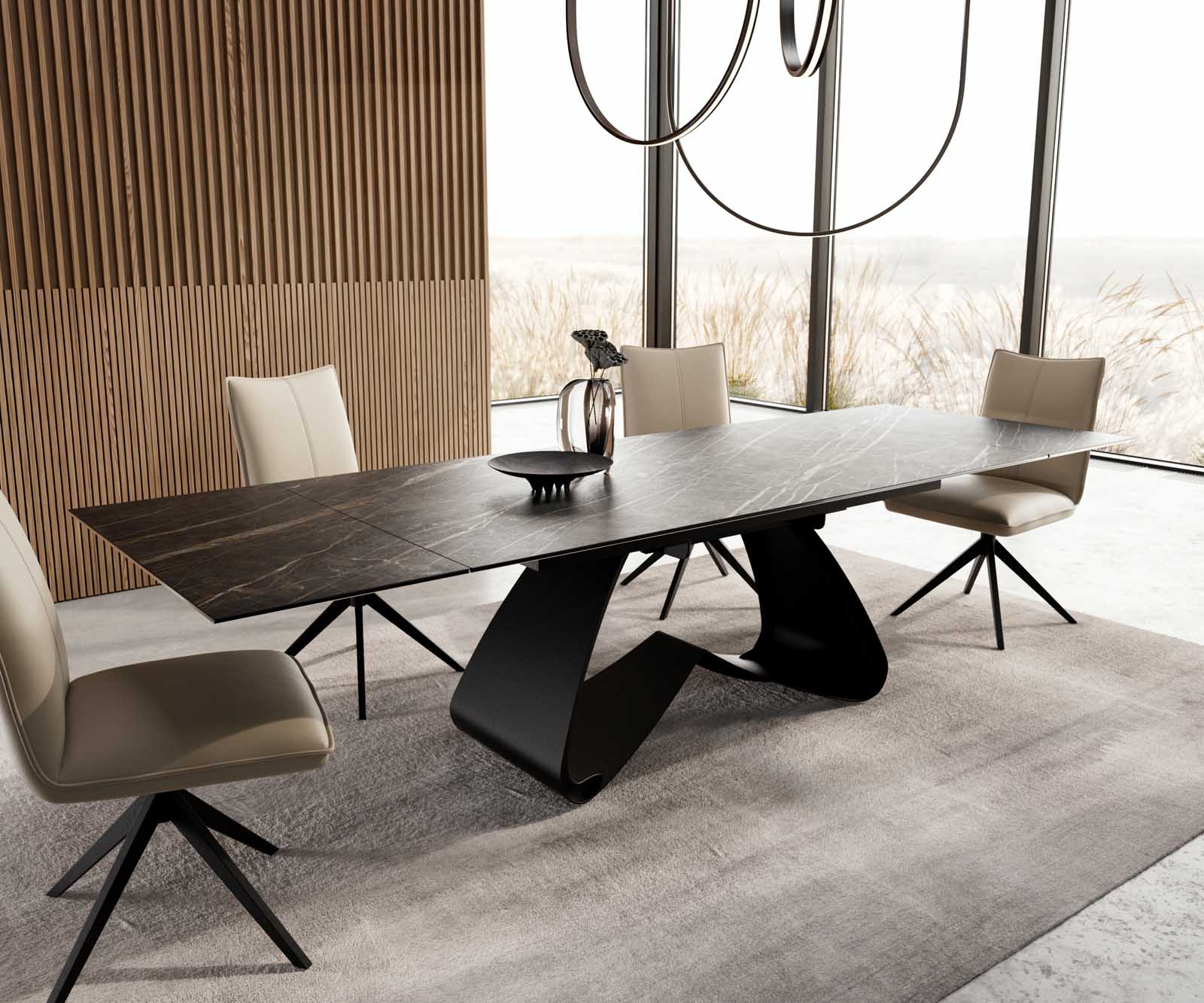 Esstisch Edge 200-300x100 Keramik Laminam®Noir Desir Braun W-Gestell Schwarz ausziehbar 7