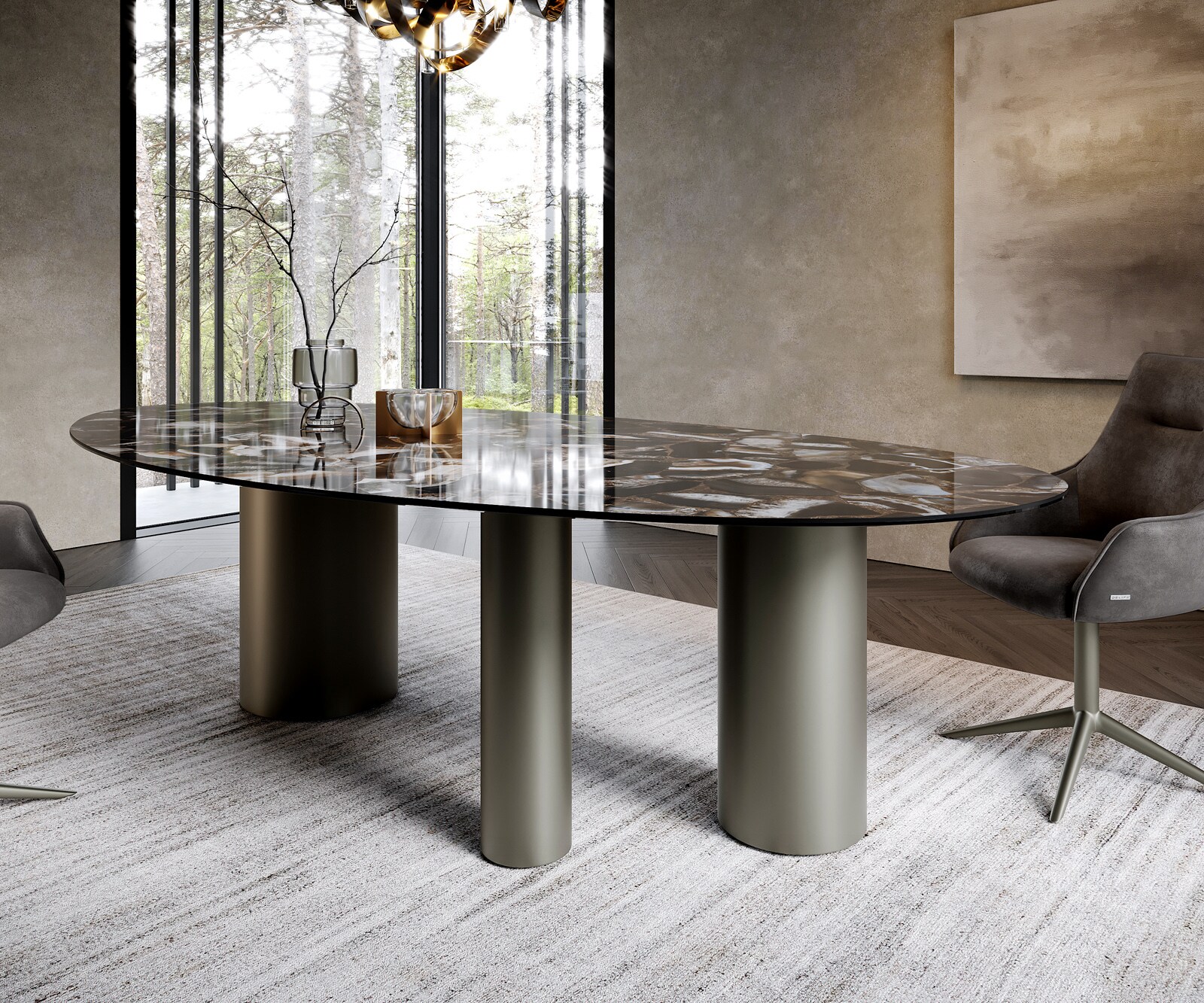 Esstisch Edge Oval 280x130 Keramik Iris FMG Agatablack Troa Metall Effektfinish Titan 5