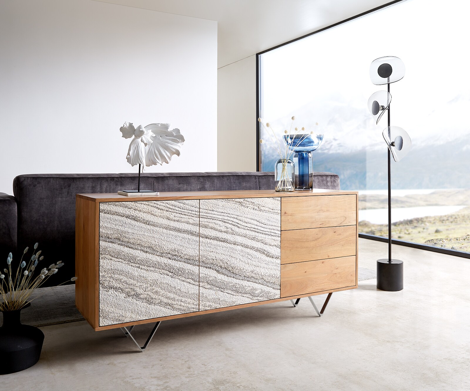 Commode Kleo 175 cm acacia naturel 4 portes pieds en V inox 2
